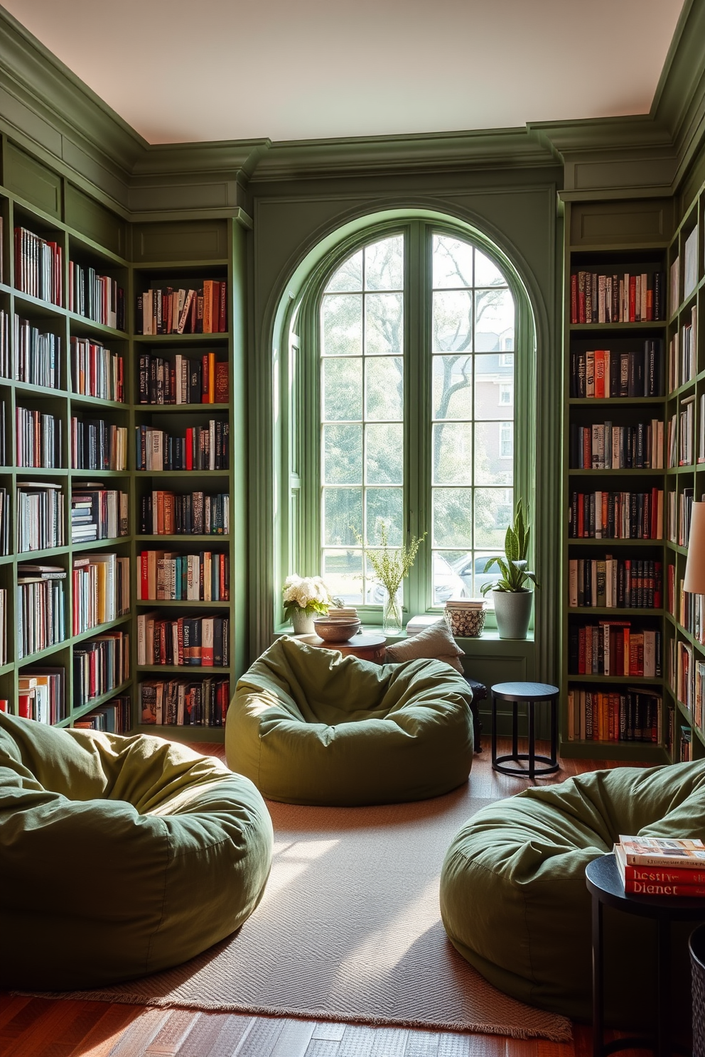 Chic green bean bag chairs for relaxation. The chairs are plush and oversized, inviting you to sink into their comfort while surrounded by natural light. Green Home Library Design Ideas. The library features floor-to-ceiling bookshelves filled with a variety of books, complemented by a cozy reading nook with a large window and soft, ambient lighting.