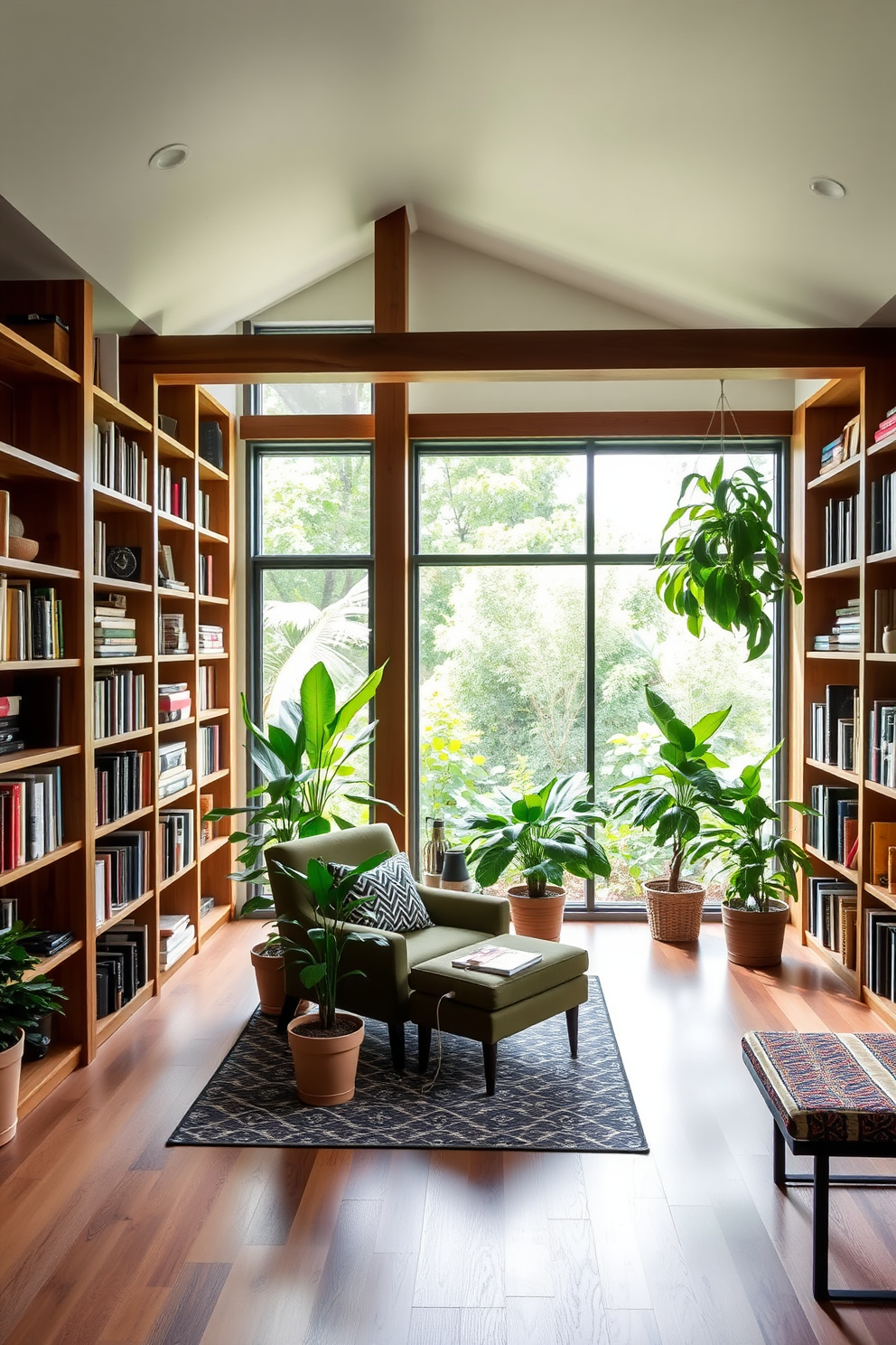 Open layout with green design flow. The space features large windows allowing natural light to flood in, complemented by indoor plants that enhance the vibrant atmosphere. Green Home Library Design Ideas. The library includes floor-to-ceiling bookshelves made from reclaimed wood, with a cozy reading nook furnished with a plush armchair and a small side table.