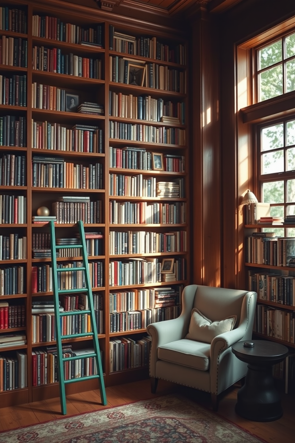 A stylish green ladder leans against a wall filled with floor-to-ceiling bookshelves, showcasing an array of books and decorative items. The library features a cozy reading nook with a plush armchair and a small side table, all bathed in warm, natural light from large windows.