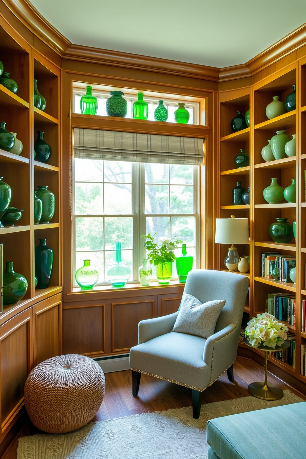 A cozy home library filled with natural light. The walls are lined with built-in wooden shelves displaying an array of decorative green vases in various shapes and sizes. A plush reading chair is positioned near a large window, creating a perfect nook for relaxation. Soft green accents in the decor harmonize with the vases, enhancing the serene atmosphere of the space.