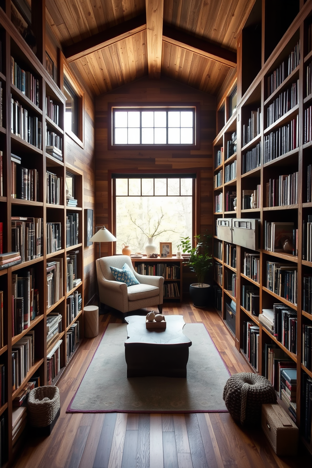 A cozy home library featuring creative use of reclaimed wood throughout the space. The walls are lined with bookshelves made from reclaimed timber, showcasing a rich array of books and decorative items. Large windows allow natural light to flood the room, highlighting the warm tones of the wood. A comfortable reading nook is nestled in one corner, complete with a plush armchair and a small side table made from reclaimed wood.