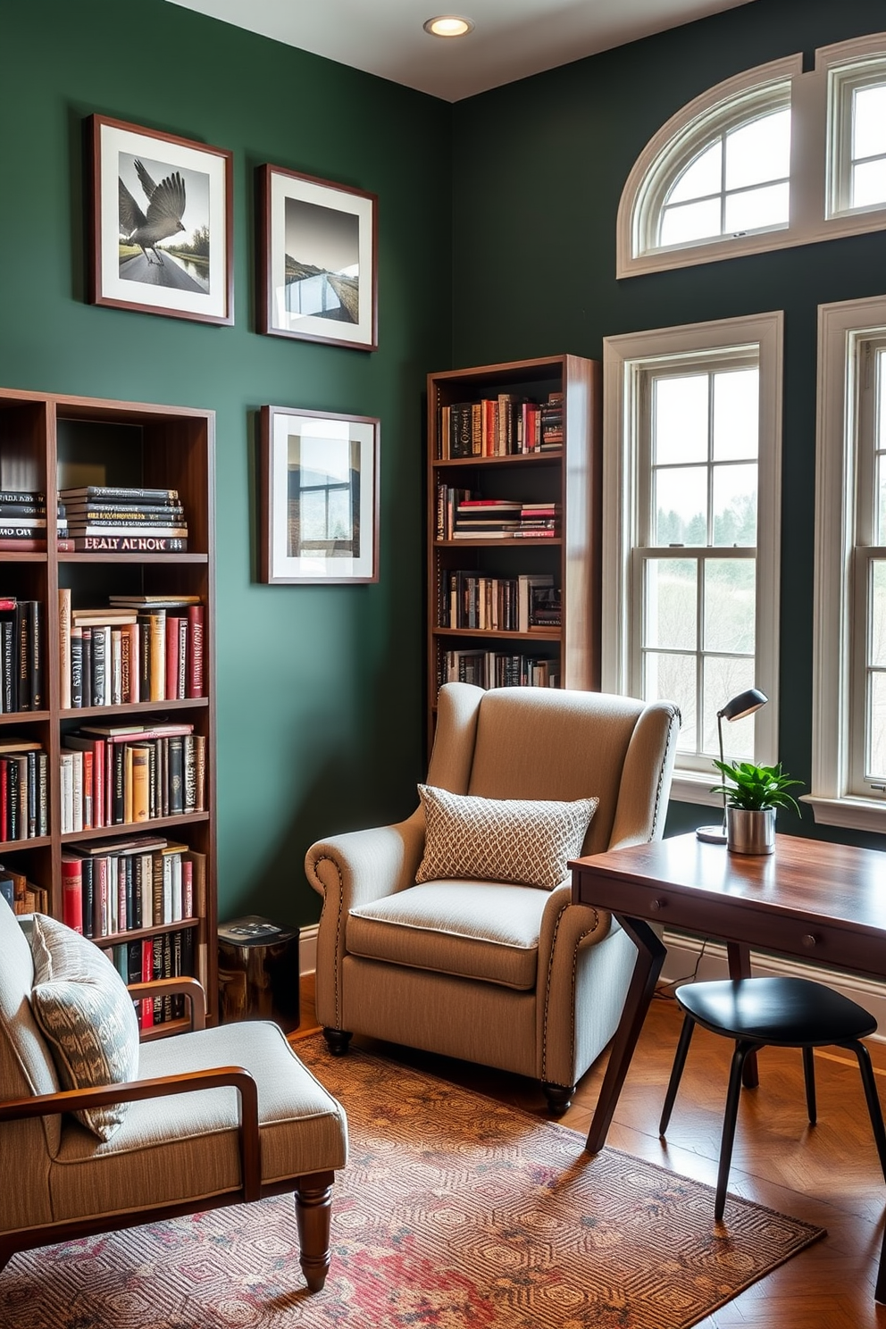 A cozy home library featuring a green accent wall adorned with framed photos of nature. The shelves are filled with books, and a plush armchair is positioned near a window, creating a perfect reading nook. The room is illuminated by warm lighting, enhancing the inviting atmosphere. A stylish wooden desk sits in one corner, complemented by a comfortable chair and a small potted plant.