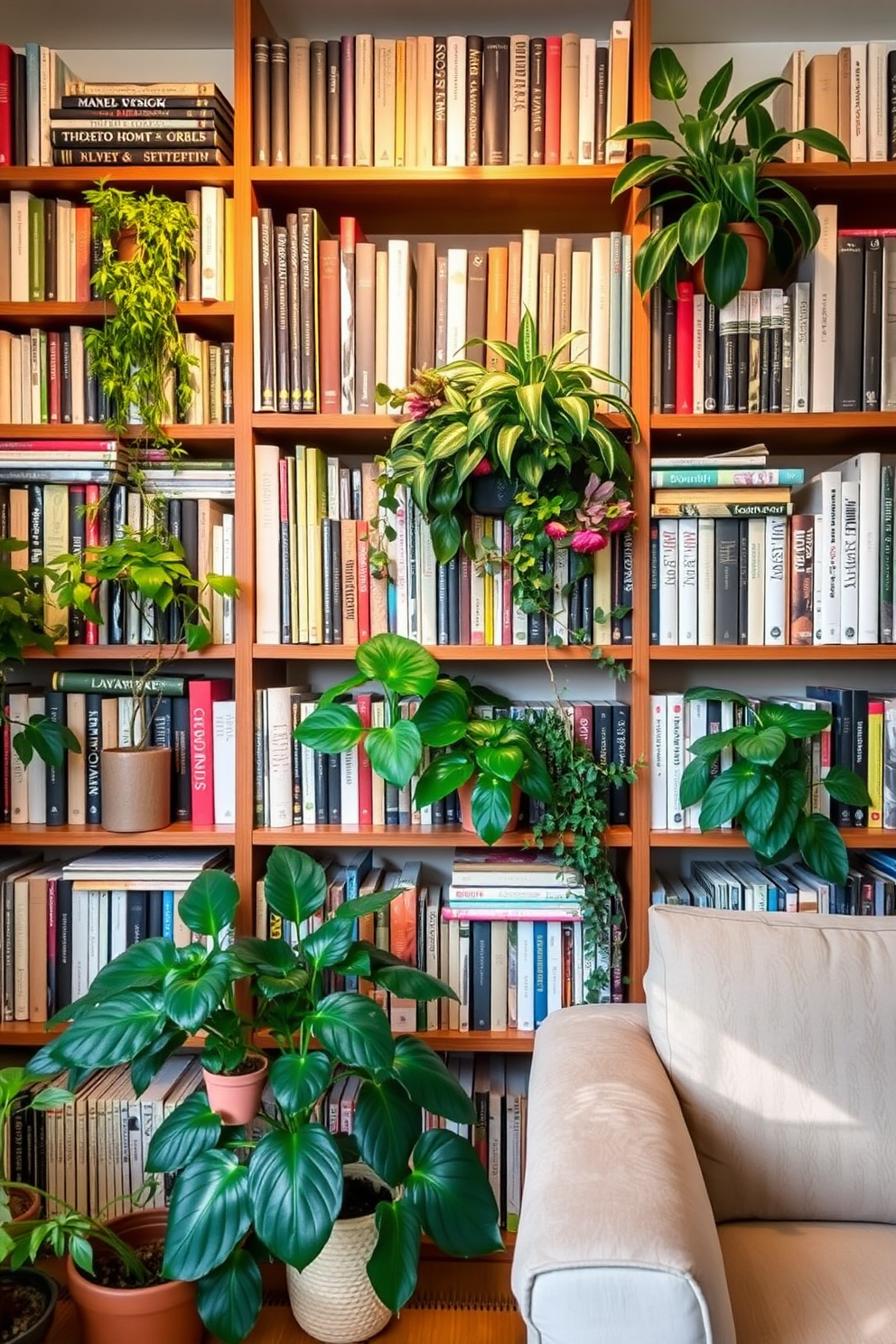 Artful arrangement of books and plants creates a serene and inviting atmosphere in the green home library. Shelves filled with a diverse collection of books are interspersed with vibrant potted plants, enhancing the natural aesthetic of the space.