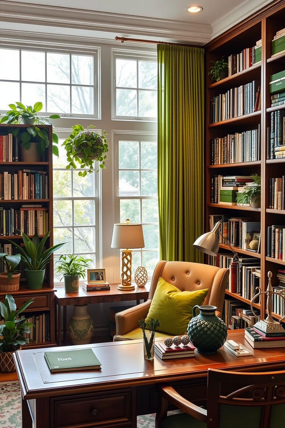 A serene home library featuring green-themed accessories and decor items. Shelves lined with books are complemented by potted plants and green cushions on a cozy reading chair. Natural light filters in through large windows adorned with green curtains. A wooden desk with green accents holds a stylish lamp and decorative items, creating an inviting atmosphere for reading and relaxation.