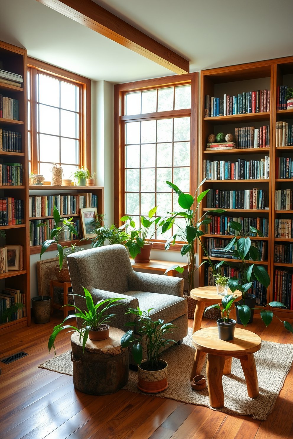 A cozy green home library featuring sustainable materials. The walls are lined with reclaimed wood shelves filled with books, and a large window lets in natural light, highlighting the bamboo flooring. A comfortable reading nook is created with a recycled fabric armchair and a small side table made from upcycled wood. Potted plants are strategically placed throughout the space, adding a touch of nature and improving air quality.