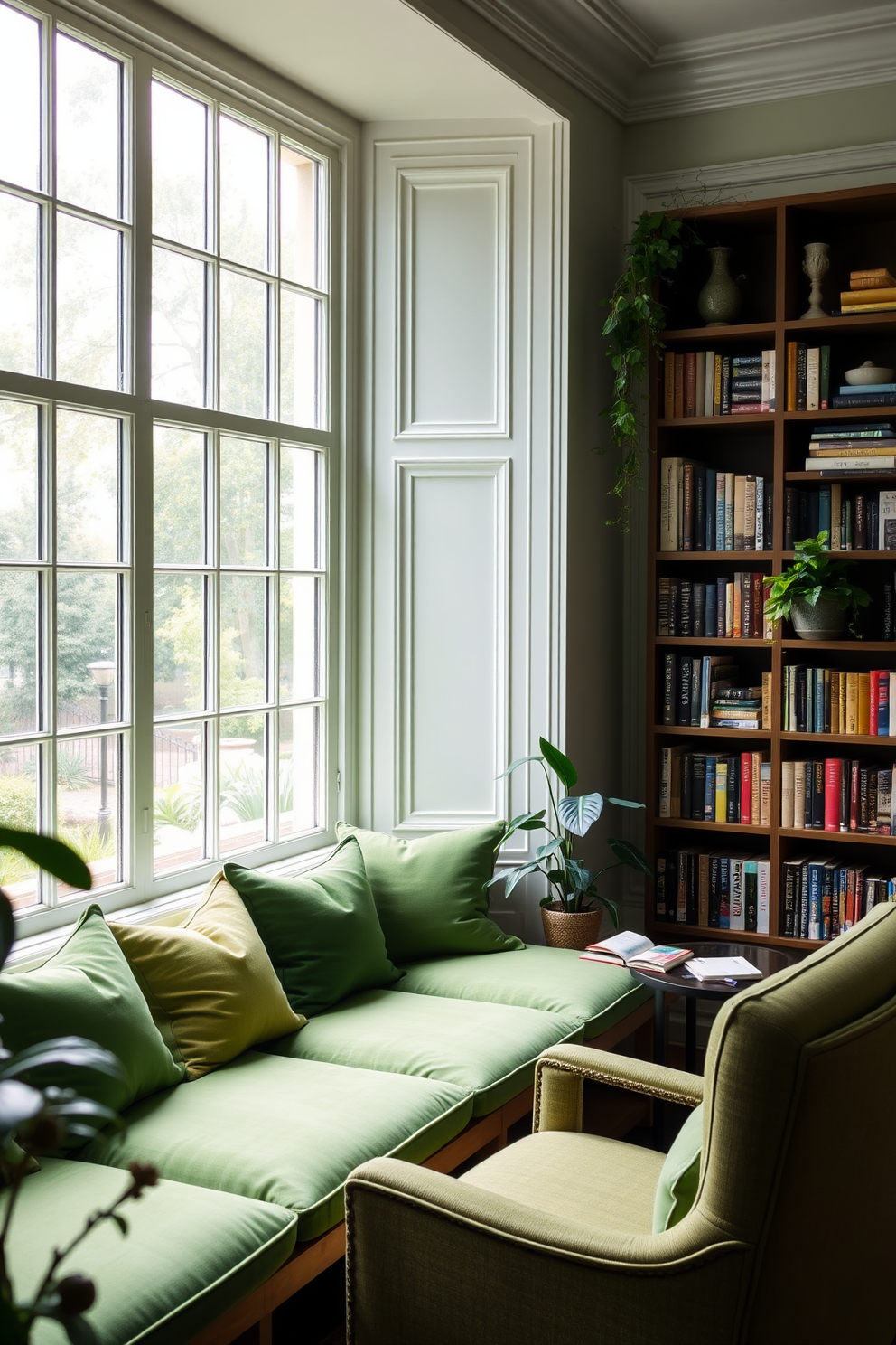 Inviting window seat with green cushions. The seat is framed by large windows that let in natural light, creating a cozy nook for reading and relaxation. Green home library design ideas. The shelves are filled with books and adorned with plants, while a comfortable armchair invites you to settle in with your favorite novel.