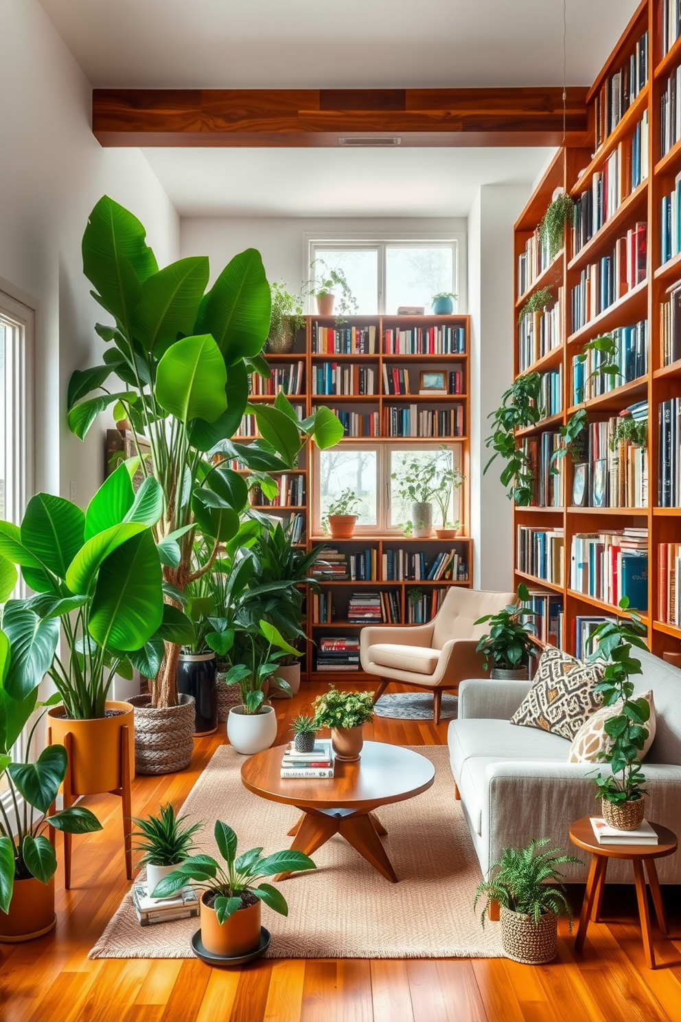 Lush indoor plants fill the corners of a bright and airy living room, creating a vibrant atmosphere that breathes life into the space. Large leafy plants are placed on stands, while smaller potted plants adorn the coffee table and shelves, enhancing the natural aesthetic. A cozy home library features floor-to-ceiling bookshelves made of rich wood, filled with an eclectic collection of books. A comfortable reading nook with a plush armchair and a small side table is nestled by a window, surrounded by greenery for a serene reading environment.