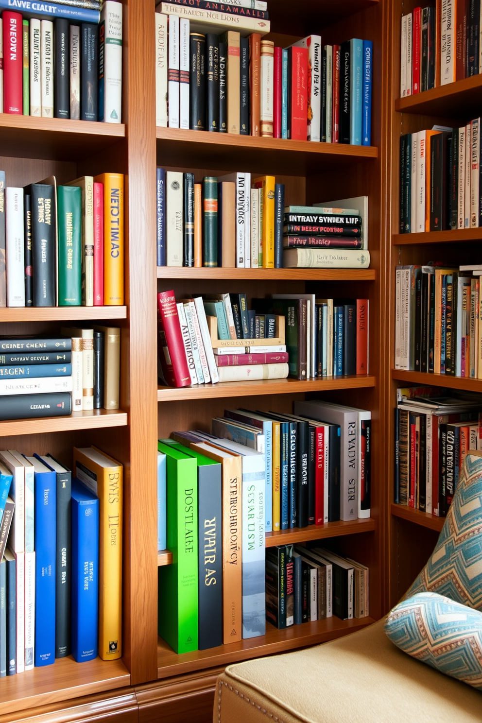 A cozy home library featuring personalized bookends in vibrant green. The shelves are filled with an eclectic mix of books, and a comfortable reading chair is positioned nearby, inviting relaxation.