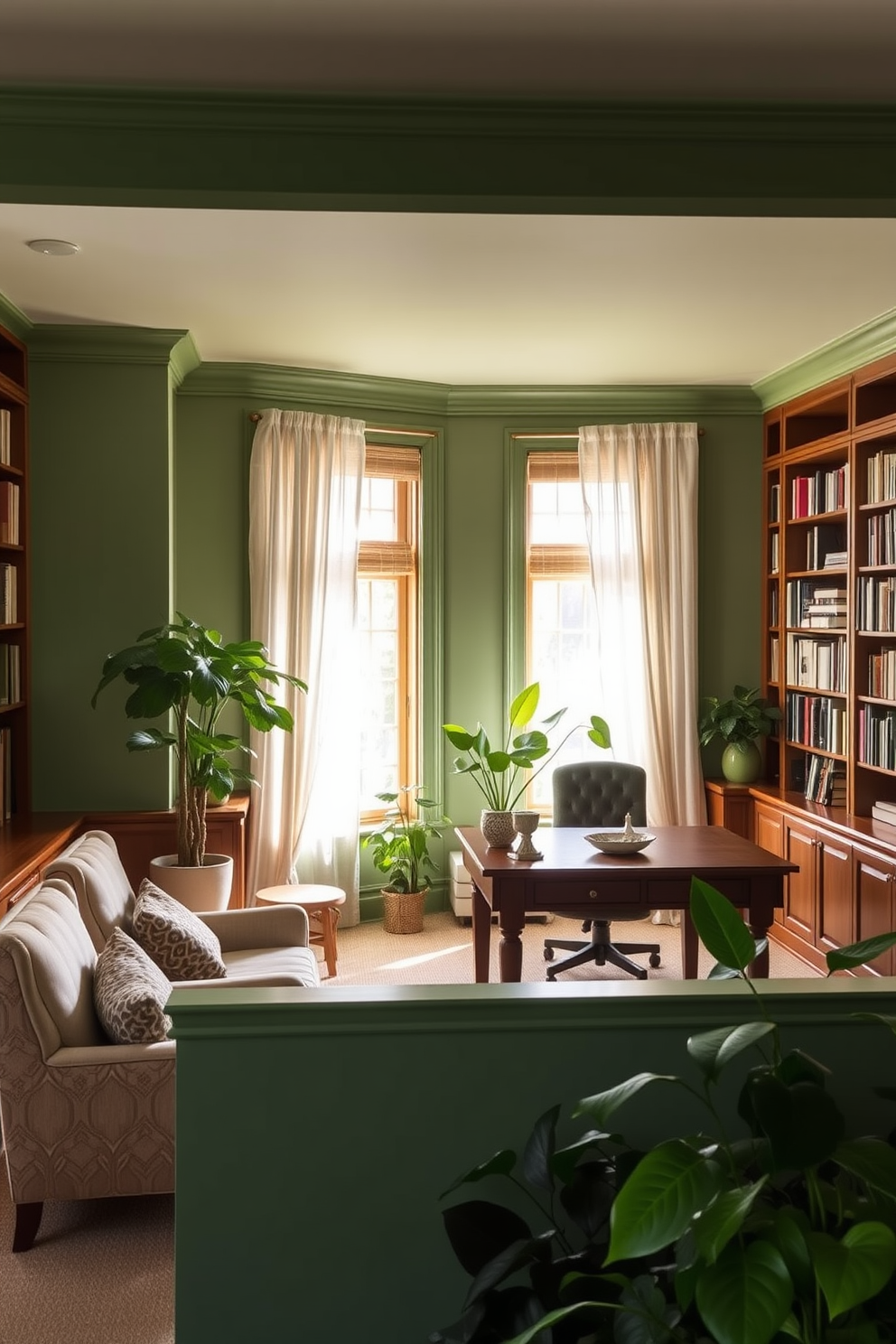 A serene home library with soft green walls that create a calming atmosphere. The space features built-in wooden bookshelves filled with books, complemented by a cozy reading nook with plush armchairs and a small side table. Natural light floods the room through large windows adorned with sheer white curtains. A rich wooden desk sits in the corner, providing a perfect workspace surrounded by indoor plants for a touch of nature.