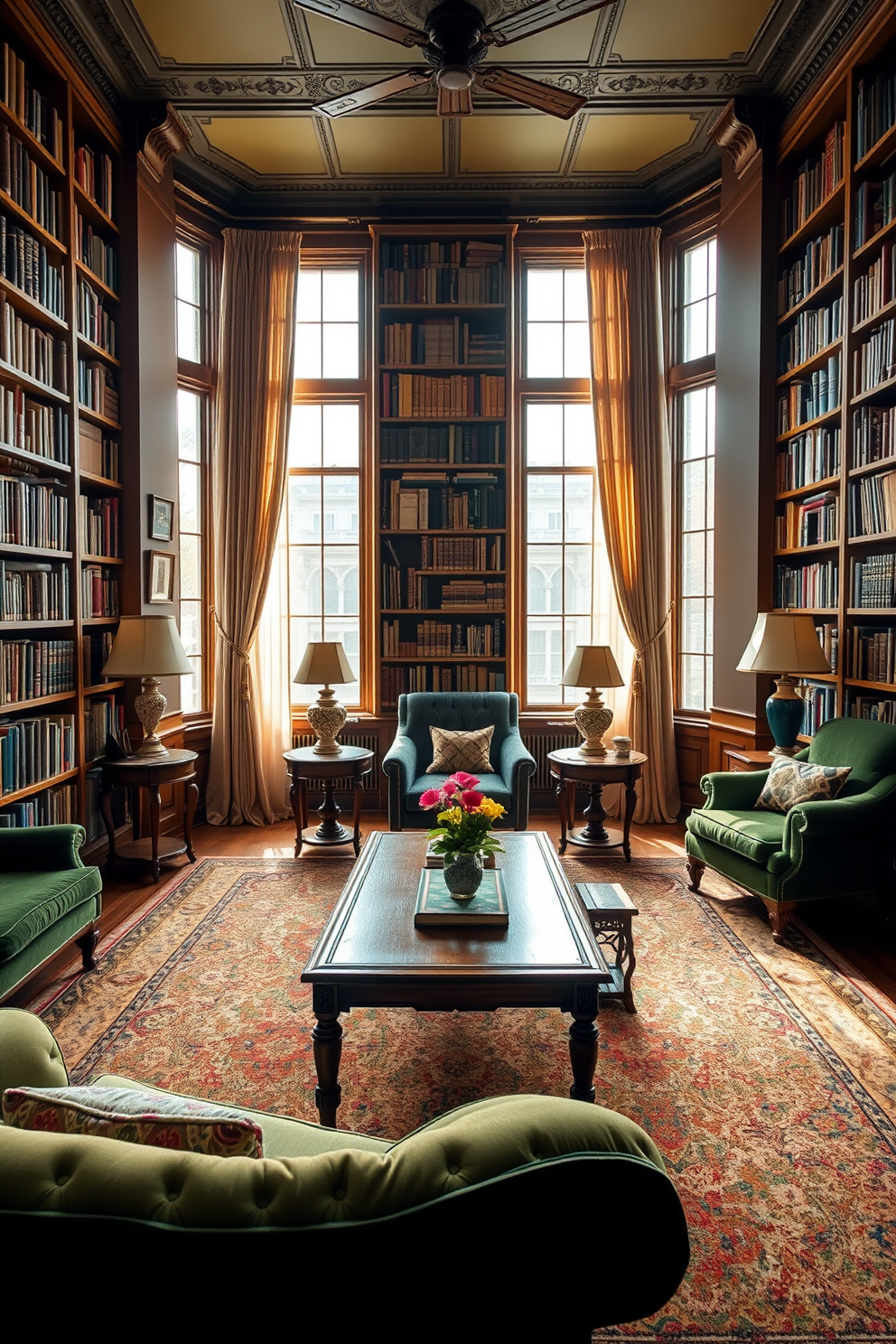 A cozy home library featuring vintage furniture with rich green upholstery. The room is filled with tall bookshelves lined with books, and a plush armchair invites you to sit and read. Natural light filters through large windows adorned with sheer curtains. A wooden coffee table sits in the center, surrounded by a couple of vintage side tables and decorative lamps.