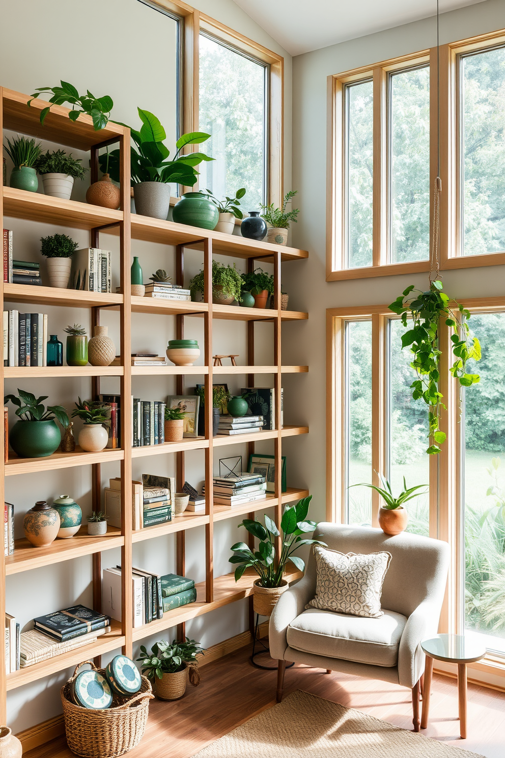 Natural wood shelves filled with an array of green decor items create a serene and inviting atmosphere. The shelves are adorned with potted plants, decorative books, and artisanal vases, all set against a backdrop of soft, neutral walls. In this green home library, large windows allow natural light to flood the space, highlighting the rich textures of the wood. A cozy reading nook with a plush armchair and a small side table complements the shelves, inviting relaxation and contemplation.