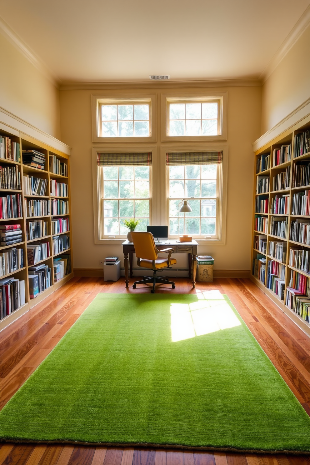 A bright green area rug is placed at the center of a cozy home library, adding warmth and a pop of color to the space. Surrounding the rug are tall bookshelves filled with an array of books, and a comfortable reading chair is positioned nearby for relaxation. The walls are adorned with soft beige paint, creating a calming backdrop for the vibrant rug. Natural light floods the room through large windows, illuminating a wooden desk that complements the overall design.