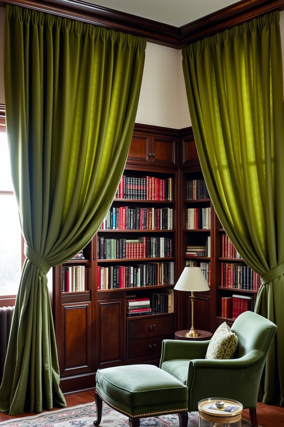 Elegant green curtains drape gracefully from a polished wooden rod, filtering soft natural light into the room. The fabric has a rich texture, enhancing the cozy atmosphere of the space while providing added privacy. The home library features floor-to-ceiling bookshelves made of dark wood, filled with a curated collection of books. A plush reading chair in a complementary shade of green sits invitingly in the corner, accompanied by a small side table for a cup of tea.