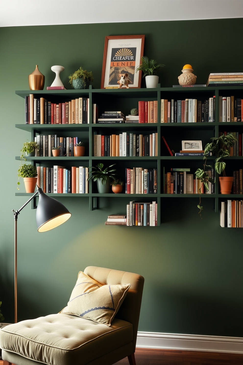 A cozy home library with wall-mounted shelves painted in a deep green hue. The shelves are filled with an array of books, decorative objects, and potted plants, creating a warm and inviting atmosphere. A comfortable reading nook is positioned beneath the shelves, featuring a plush armchair in a complementary color. Soft lighting from a stylish floor lamp enhances the serene ambiance, making it the perfect spot for relaxation.