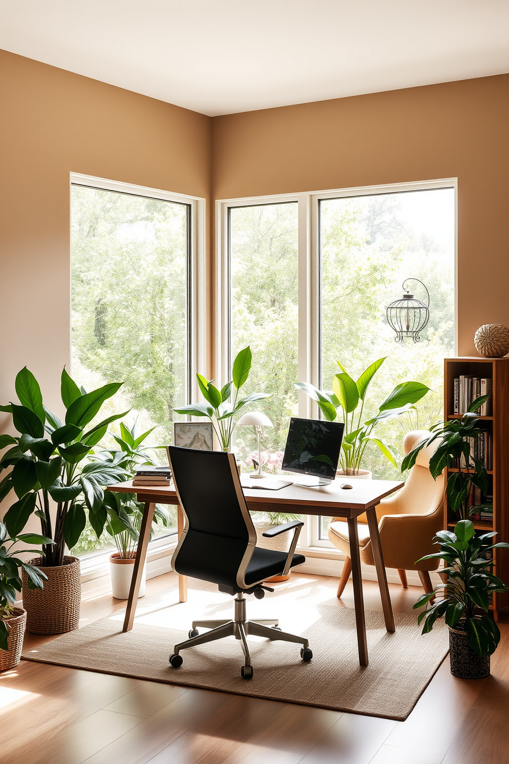 A serene home office bathed in natural light from large floor-to-ceiling windows. The space features a sleek wooden desk paired with an ergonomic chair, surrounded by lush indoor plants that enhance the green theme. The walls are painted in soft earth tones, creating a calming atmosphere. A cozy reading nook with a comfortable armchair and a small bookshelf completes the design, inviting creativity and productivity.