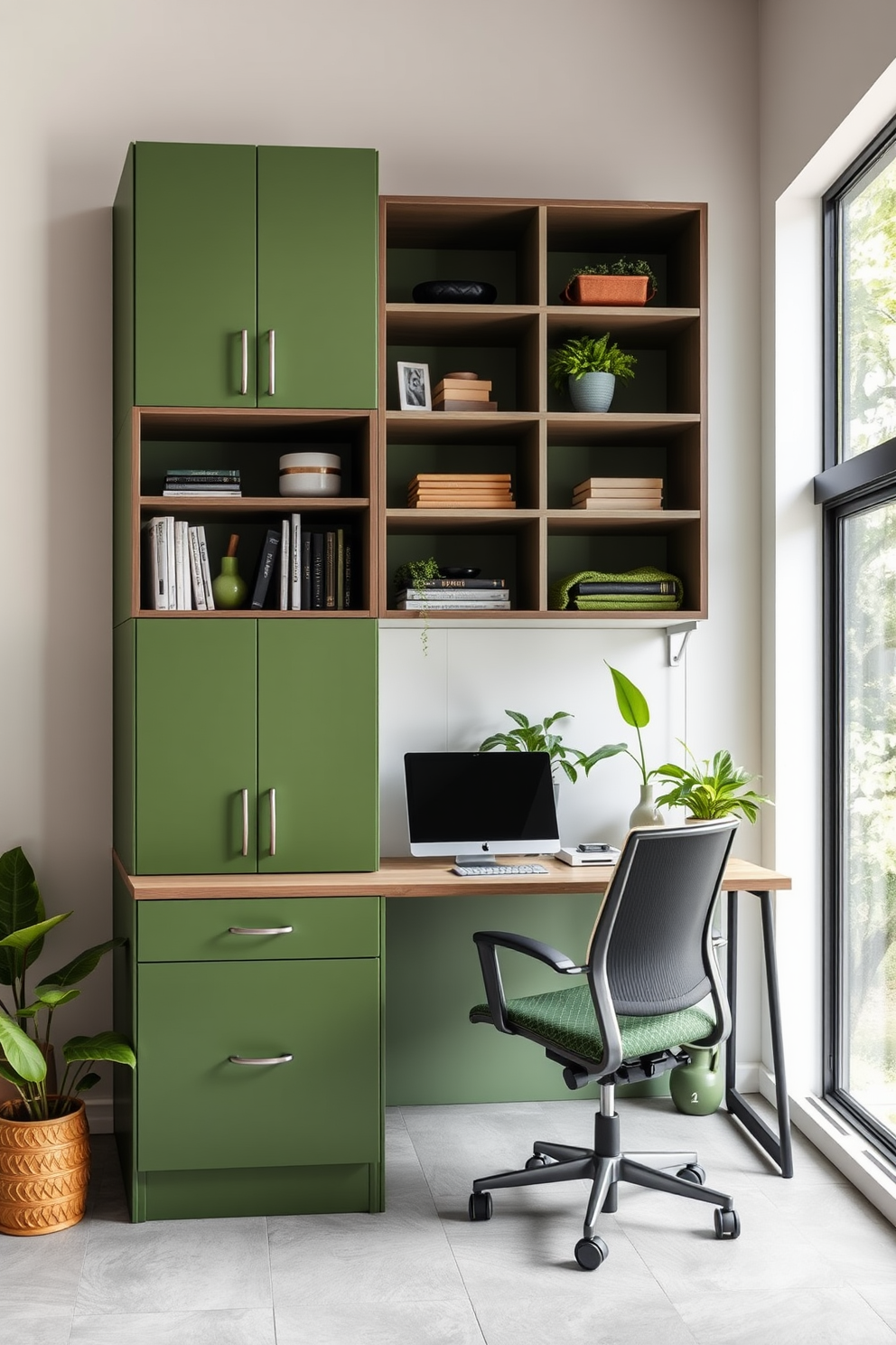 A functional storage solution featuring sleek cabinetry in various shades of green. The design incorporates open shelving for decorative items and plants, creating a harmonious workspace. A modern home office with green accents and natural light flooding in through large windows. The space includes a stylish desk paired with an ergonomic chair and vibrant greenery to enhance productivity.