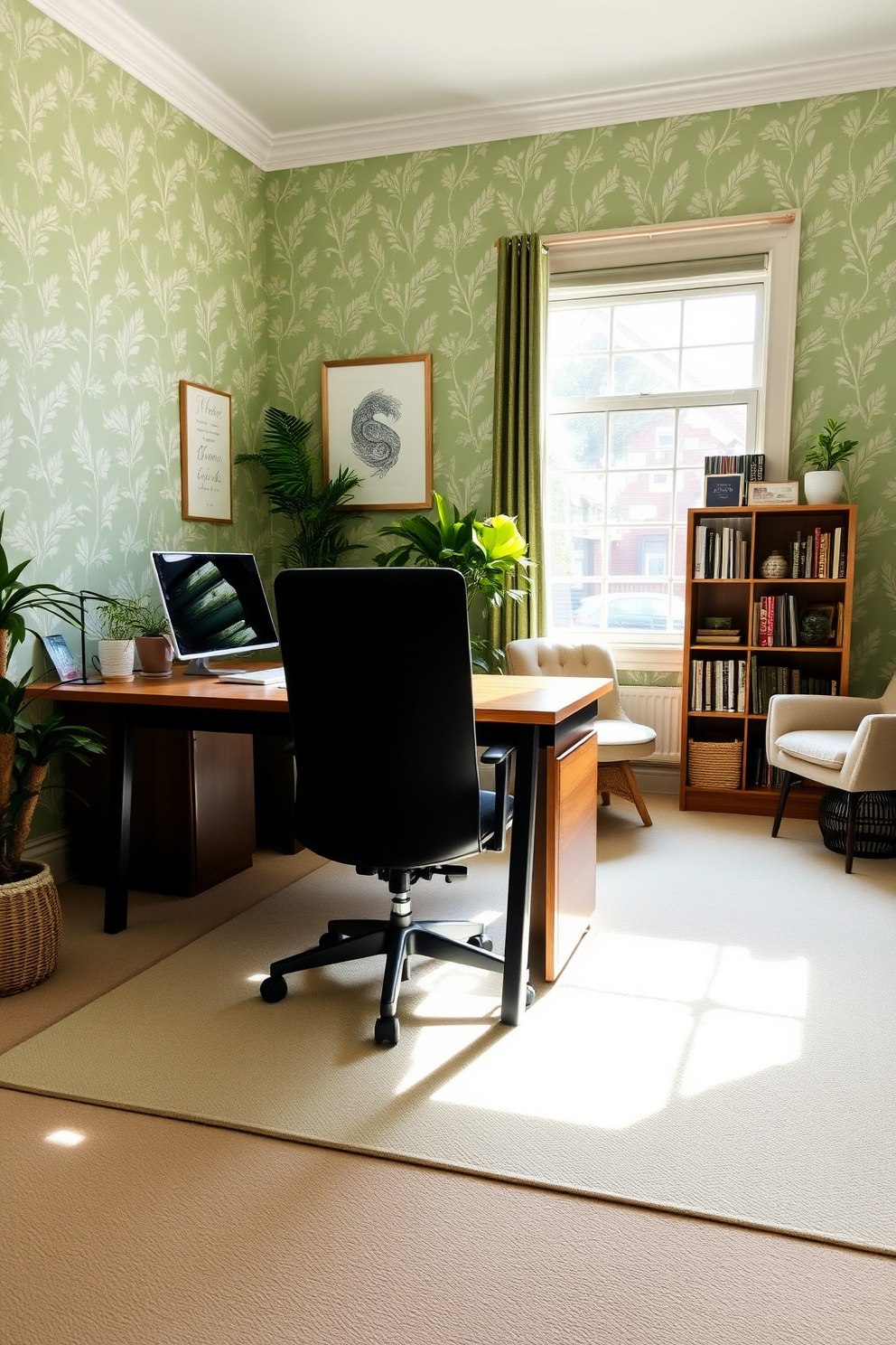 A bright and inviting home office features green wallpaper adorned with subtle botanical patterns. A sleek wooden desk sits in front of a large window, allowing natural light to fill the space. The room is complemented by a comfortable ergonomic chair and a stylish bookshelf filled with plants and decorative items. A cozy reading nook with a plush armchair and a small side table adds a touch of warmth to the design.