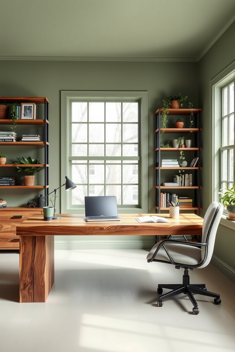 A serene green home office setting that emphasizes the use of natural wood textures. The desk is crafted from reclaimed wood, featuring a sleek design with clean lines and a warm finish. The walls are painted in a soft, muted green, creating a calming atmosphere. Large windows allow natural light to flood the space, complemented by wooden shelves filled with plants and books.