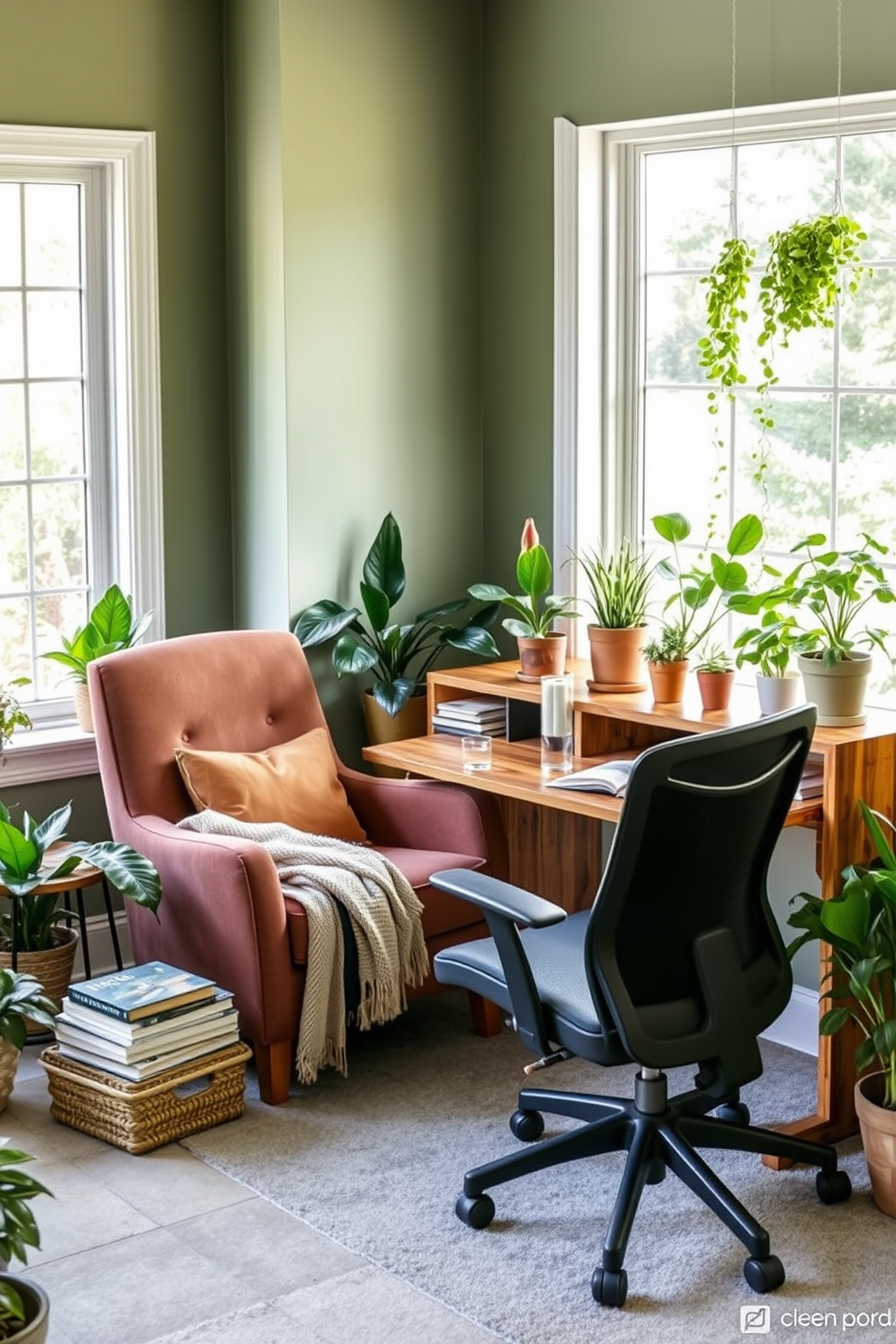 Create a cozy reading nook with a plush armchair in a soft fabric, positioned next to a large window that lets in natural light. A small side table holds a stack of books and a steaming cup of tea, while a warm throw blanket drapes over the armchair. Design a green home office that features a large desk made of reclaimed wood, surrounded by plants in various sizes to enhance the atmosphere. The walls are painted in a calming sage green, and a comfortable ergonomic chair complements the workspace, creating an inviting and productive environment.