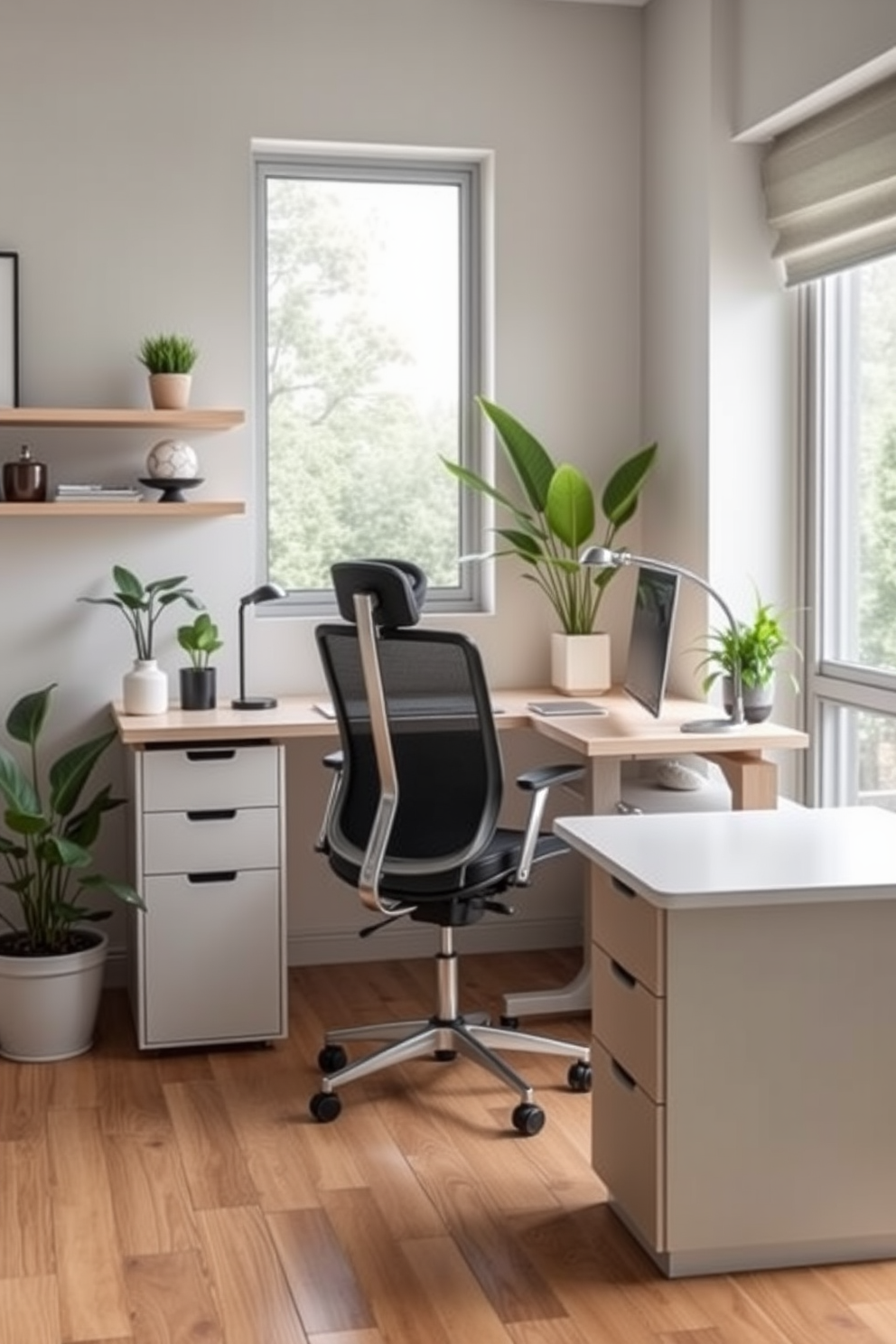 Ergonomic furniture designed for comfort and style. A sleek desk with adjustable height features a supportive chair that promotes good posture. Green home office design ideas incorporating sustainable materials. The space includes a large window for natural light, with plants placed strategically to enhance air quality and aesthetics.