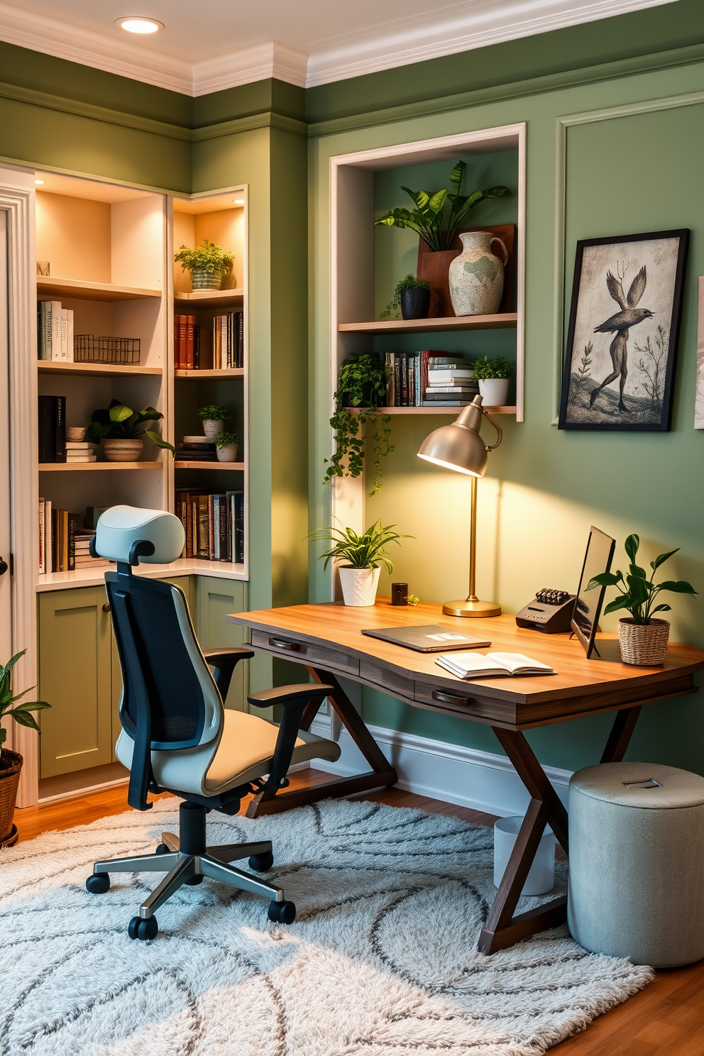 A cozy green home office featuring layered lighting for a warm atmosphere. The space includes a large wooden desk with a comfortable ergonomic chair and a stylish floor lamp that casts a soft glow. The walls are painted in a soothing sage green, complemented by white trim and natural wood accents. Shelves filled with books and plants add personality, while a plush area rug anchors the room and enhances the inviting ambiance.