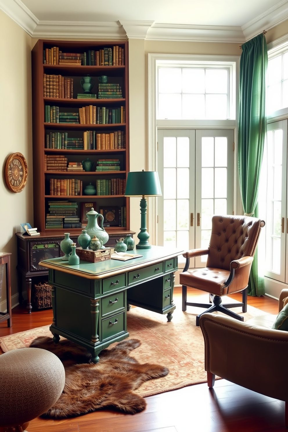 A cozy home office featuring vintage green decor pieces. The walls are painted in a soft cream color, creating a warm backdrop for the green accents. A large vintage green desk sits in the center, complemented by a comfortable leather chair. On the desk, a collection of antique green vases and a stylish green lamp add character to the space. A bookshelf lined with vintage green books and decorative items occupies one wall. A plush area rug in earthy tones anchors the room, while natural light streams in through large windows adorned with sheer green curtains.