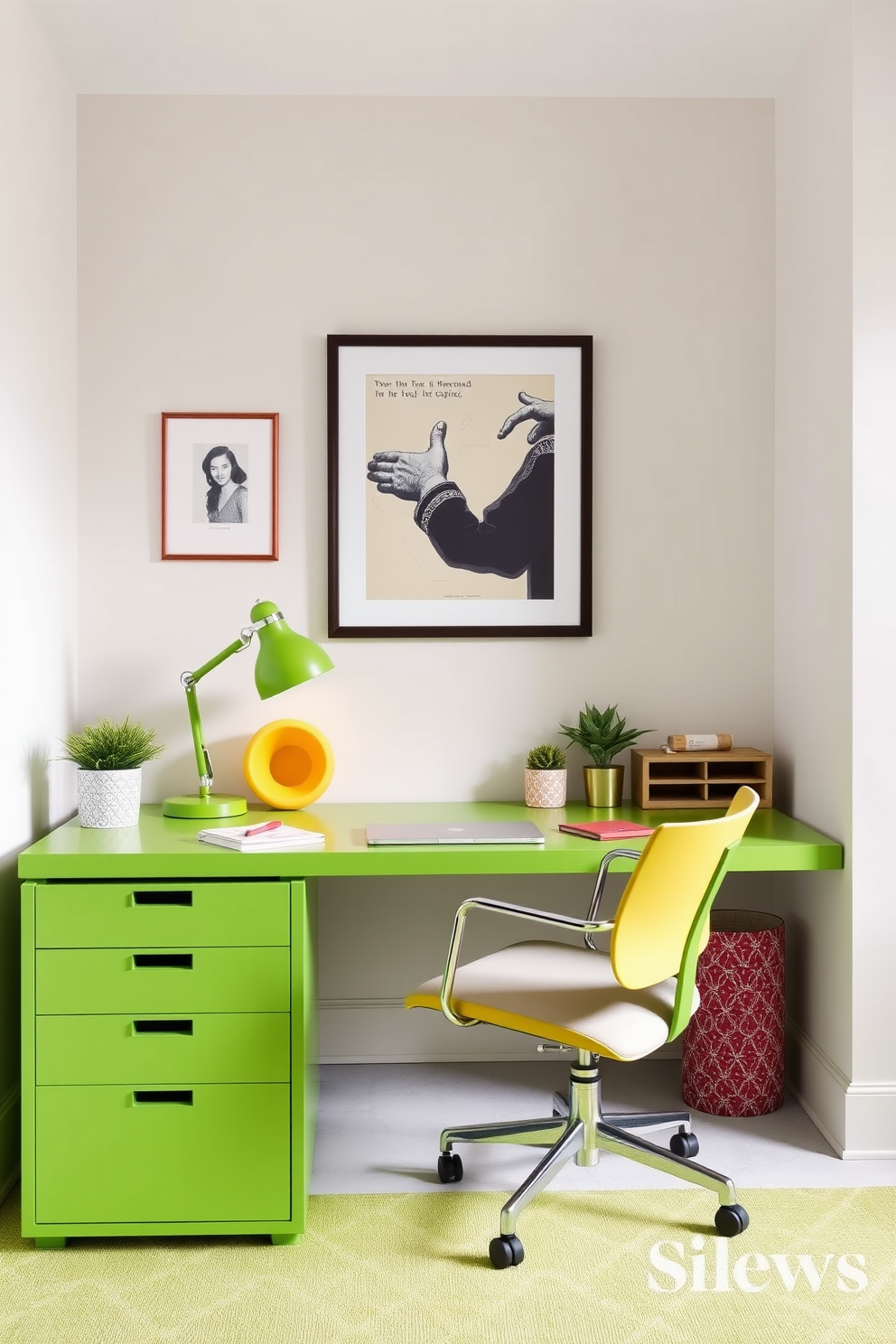 A vibrant home office featuring a sleek green desk with matching accessories that add a pop of color. The walls are painted in a soft neutral tone, creating a calming backdrop for creativity and productivity.