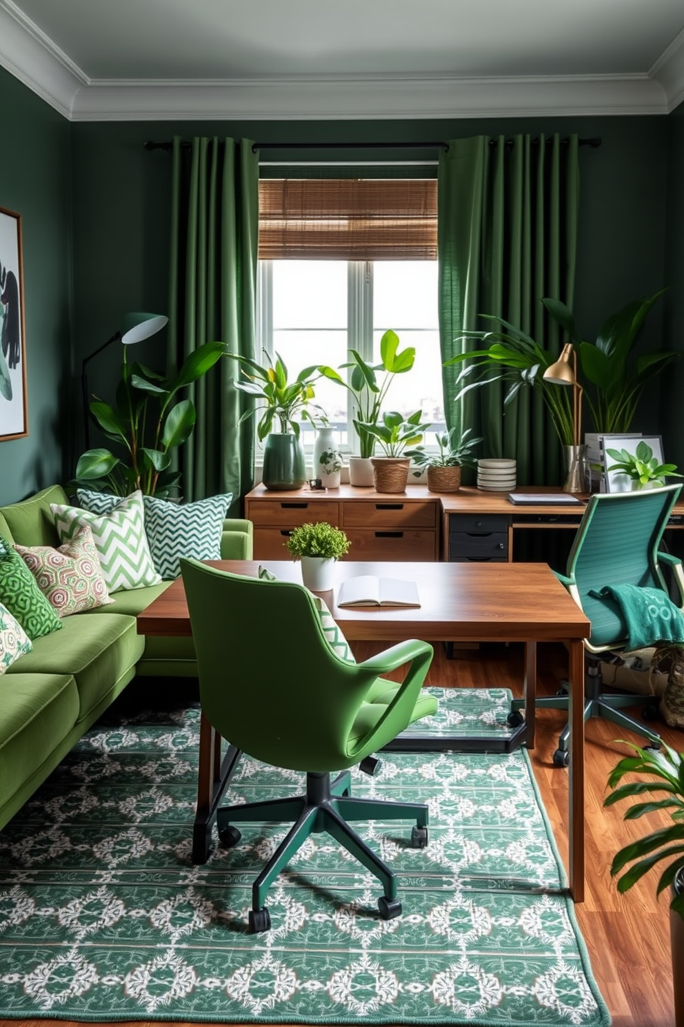 A stylish living room featuring an array of green textiles that mix various patterns harmoniously. The space includes a plush green sofa adorned with patterned throw pillows, complemented by a patterned area rug that ties the room together. A contemporary home office designed with a focus on sustainability and comfort. The workspace features a sleek wooden desk paired with a green ergonomic chair, surrounded by plants that enhance the natural ambiance.