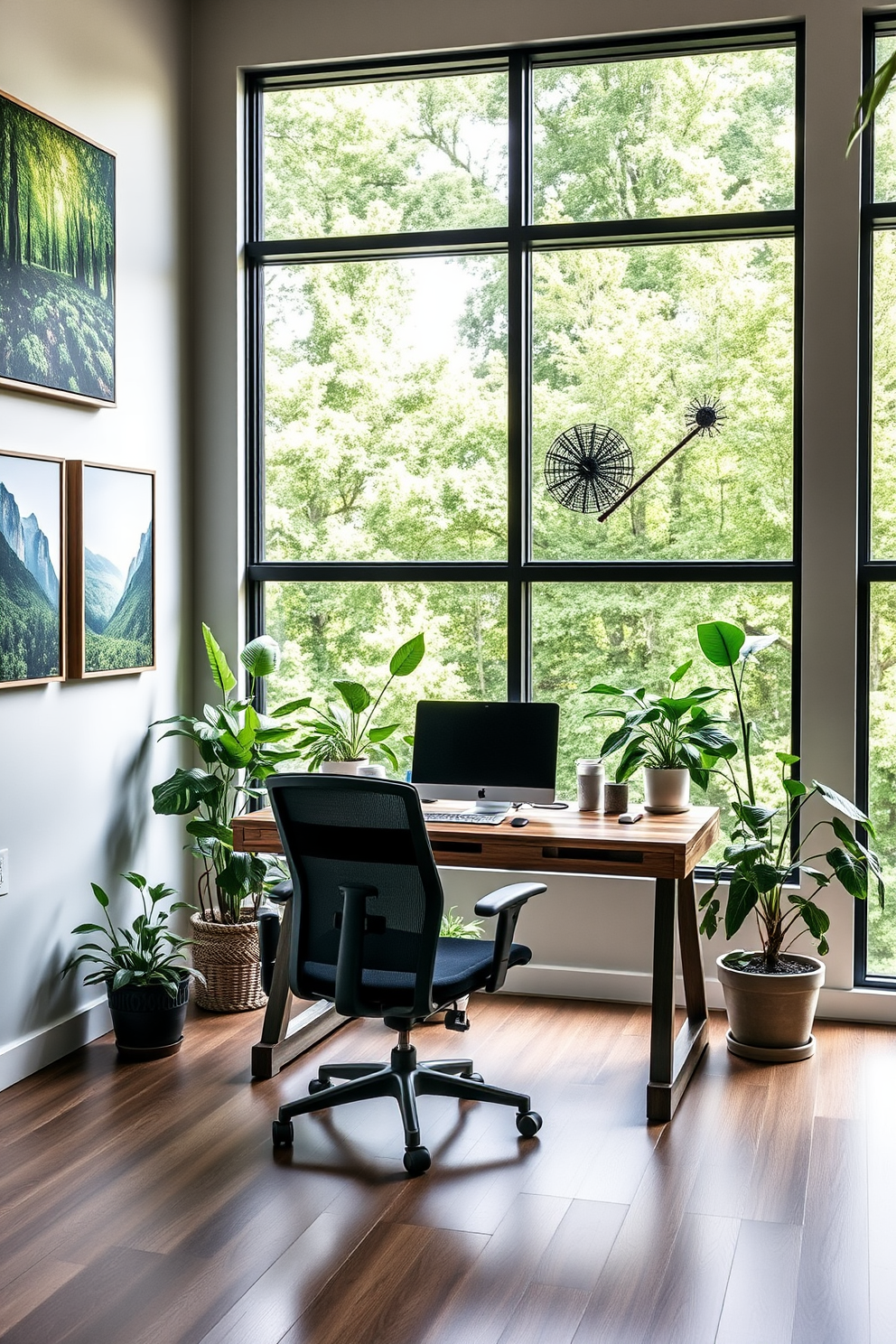 A serene home office space that embraces nature with large windows allowing natural light to flood the room. The walls are adorned with artwork featuring lush green landscapes and tranquil forest scenes, creating a calming atmosphere. The desk is made of reclaimed wood, paired with a comfortable ergonomic chair. Potted plants are strategically placed around the room, adding a touch of greenery and promoting a refreshing work environment.