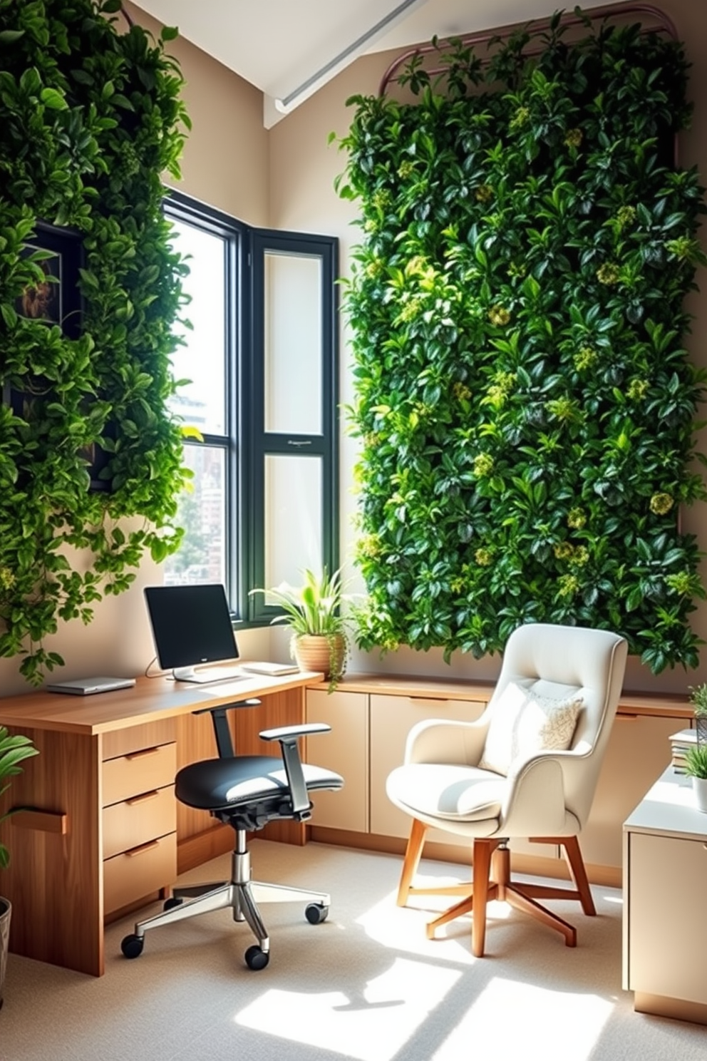 A serene home office featuring lush vertical gardens adorning the walls. The space is filled with natural light, complemented by a sleek wooden desk and ergonomic chair, creating an inviting and productive atmosphere. The walls are painted in soft earth tones to enhance the greenery. A cozy reading nook with a plush chair and a small bookshelf adds a touch of comfort to the design.