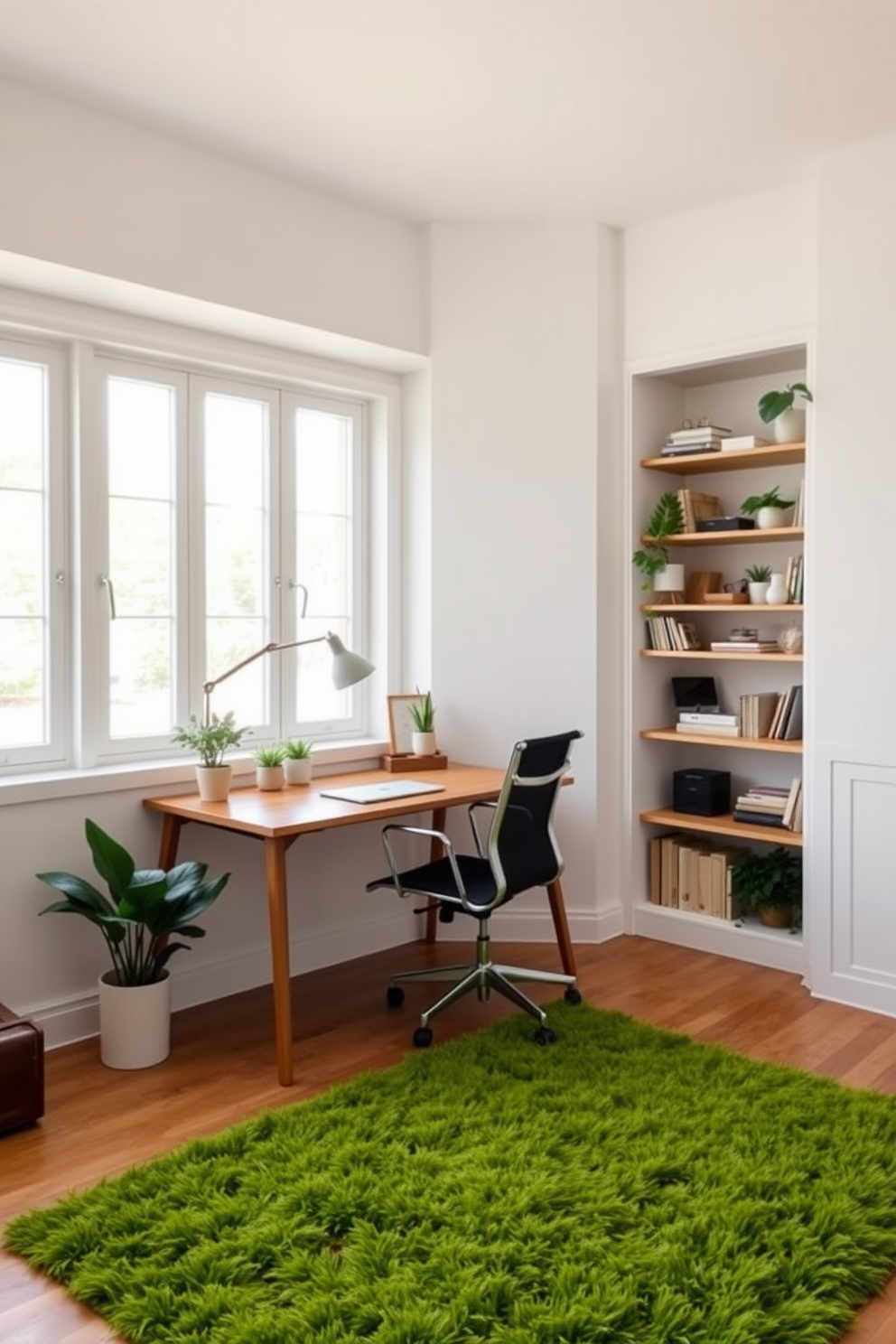 A serene home office setting that promotes productivity and comfort. The walls are painted in a soft white, with large windows allowing natural light to flood the space. A sleek wooden desk sits against one wall, paired with an ergonomic chair. A lush green rug lies beneath the desk, adding warmth and a pop of color to the room. On the desk, a minimalist lamp provides focused lighting, while a few potted plants bring a touch of nature indoors. Shelves filled with books and decorative items line the opposite wall, creating an inviting atmosphere.