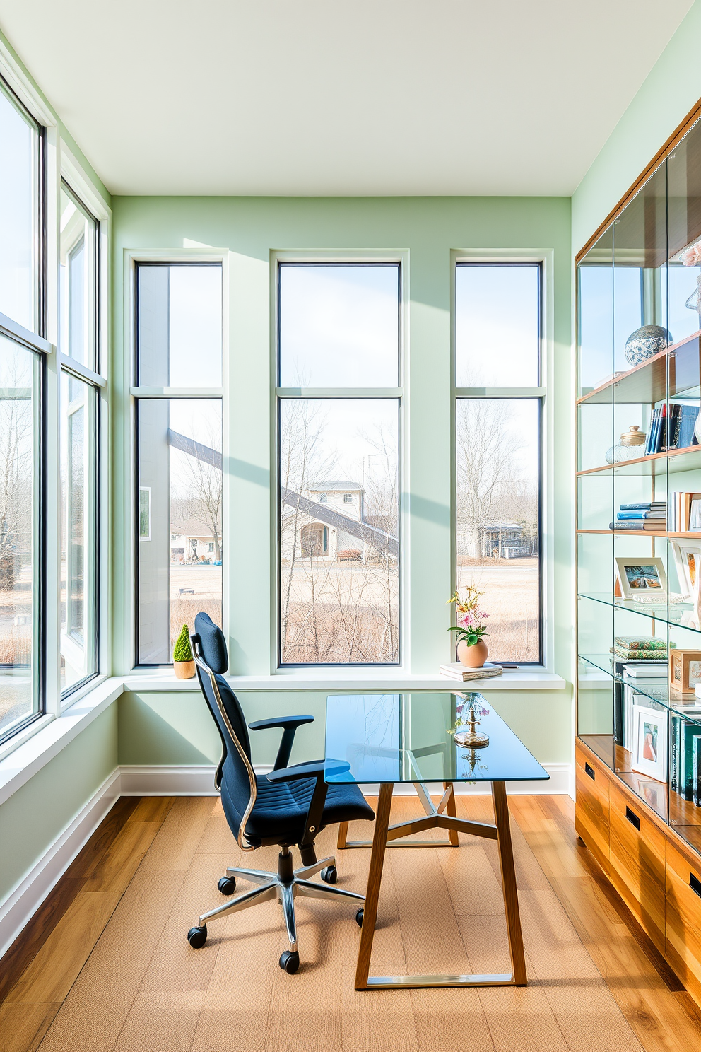 A bright and airy home office featuring large glass windows that allow natural light to flood the space. The walls are painted in a soft pastel green, creating a calming atmosphere that promotes productivity. A sleek glass desk sits in the center, complemented by a comfortable ergonomic chair. Shelves made of glass and wood display decorative items and books, adding a touch of elegance to the room.