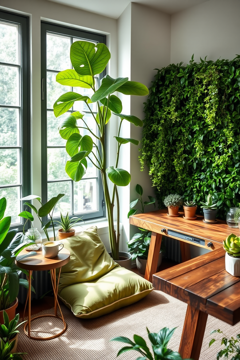 Create a serene zen corner featuring an assortment of lush green plants in various sizes. A comfortable floor cushion sits beneath a tall fiddle leaf fig tree, while a small wooden side table holds a steaming cup of herbal tea. Design a green home office that incorporates natural elements for a refreshing workspace. Large windows allow ample sunlight to flood the room, highlighting a reclaimed wood desk surrounded by potted succulents and a vibrant wall of living greenery.