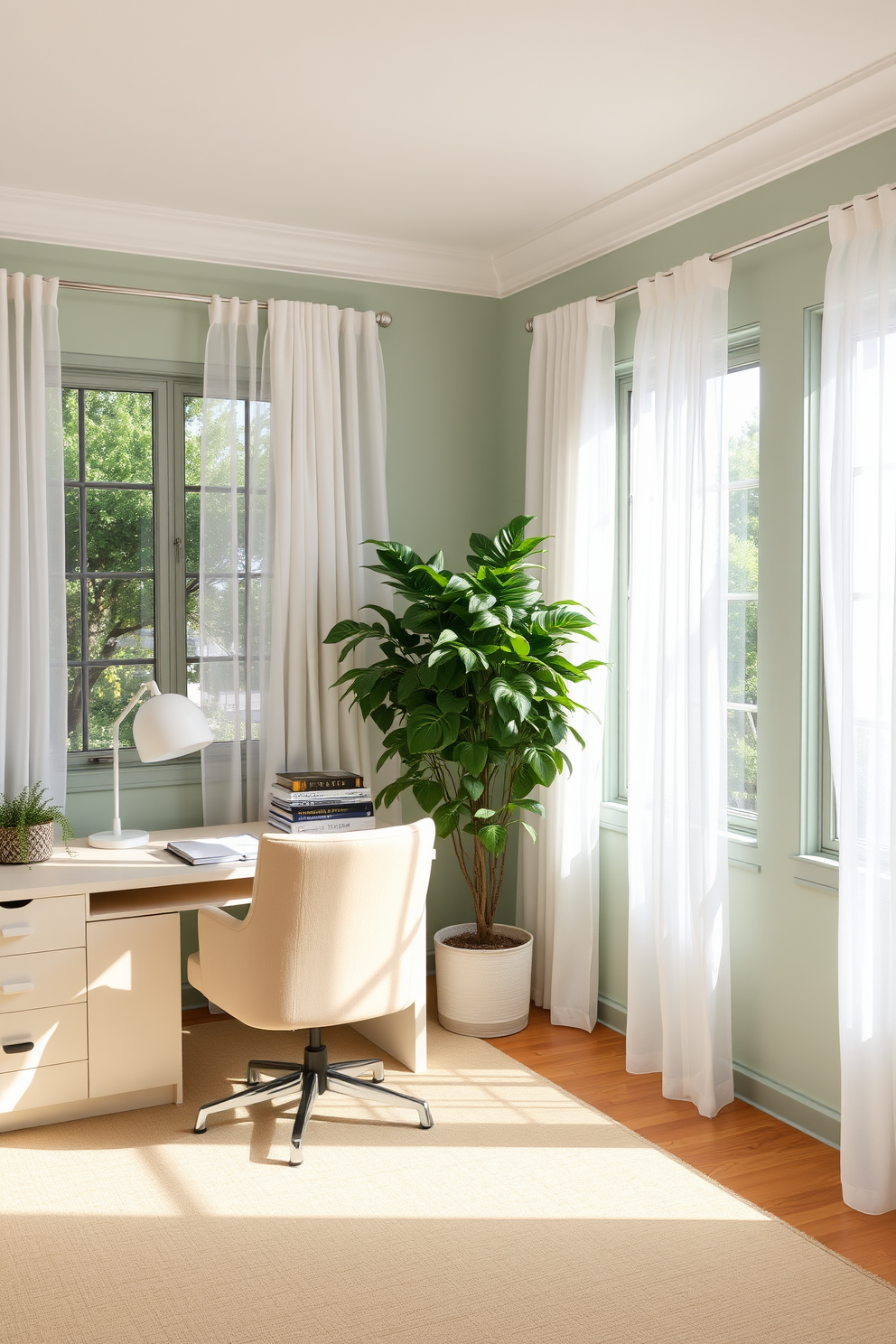 A serene home office featuring soft neutral tones blended with various shades of green. The walls are painted in a light sage hue, complemented by a cream-colored desk and a cozy beige armchair. Natural light floods the space through large windows adorned with sheer white curtains. A lush potted plant sits in the corner, adding a touch of vibrancy and life to the tranquil atmosphere.