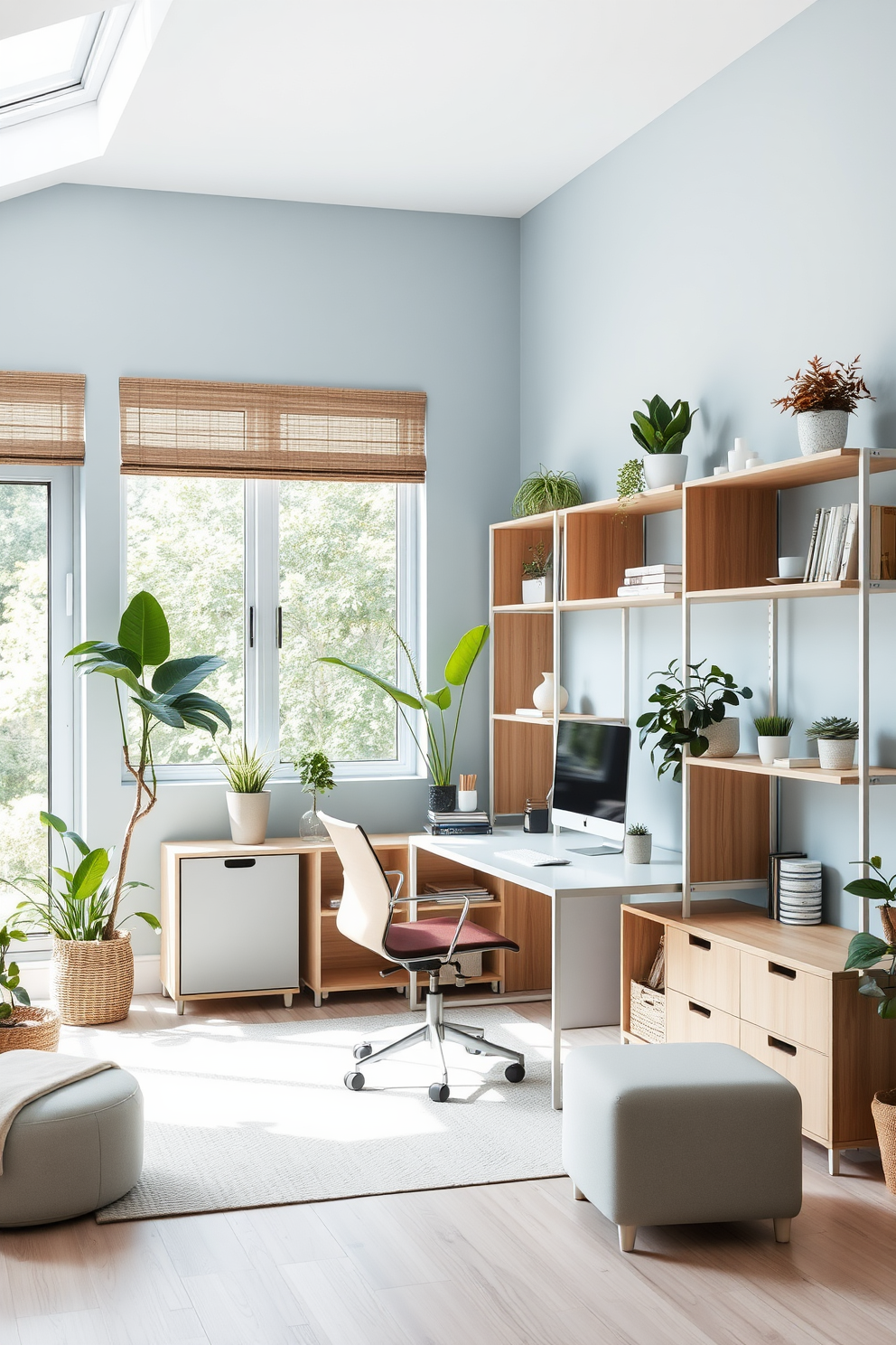 A modern home office featuring modular furniture that allows for easy reconfiguration. The space includes a sleek desk with adjustable height, surrounded by versatile shelving units that can be arranged to suit different needs. Natural light floods the room through large windows, highlighting the eco-friendly materials used throughout. The walls are painted in a calming light blue, complemented by indoor plants that bring a touch of nature indoors.