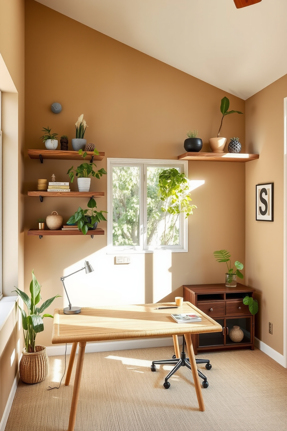 A serene home office designed with sustainability in mind. The space features floating shelves made of reclaimed wood, showcasing a mix of plants and decorative items. Natural light floods the room through large windows, illuminating a minimalist desk made from bamboo. The walls are painted in a soft earth tone, creating a calming atmosphere conducive to productivity.