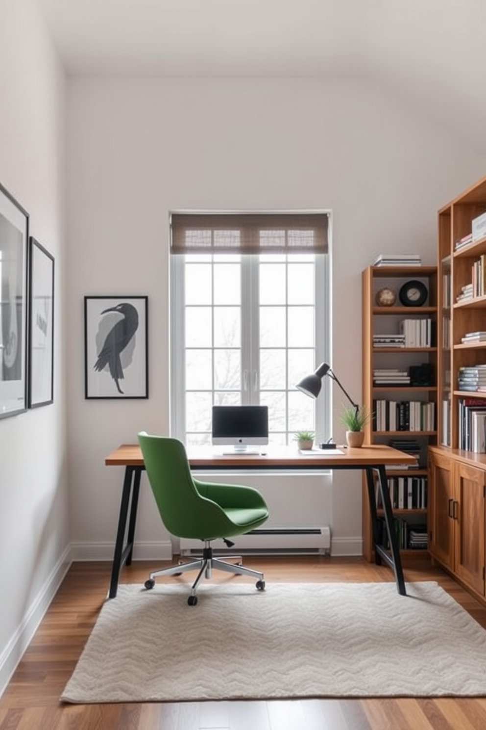 A modern home office featuring a sleek wooden desk positioned against a large window that provides ample natural light. In the corner, a stylish green accent chair adds a pop of color and invites comfort, while the walls are adorned with minimalist art pieces. The floor is covered with a soft area rug that complements the overall color scheme. Shelves filled with books and decorative items line the walls, creating an inspiring and organized workspace.