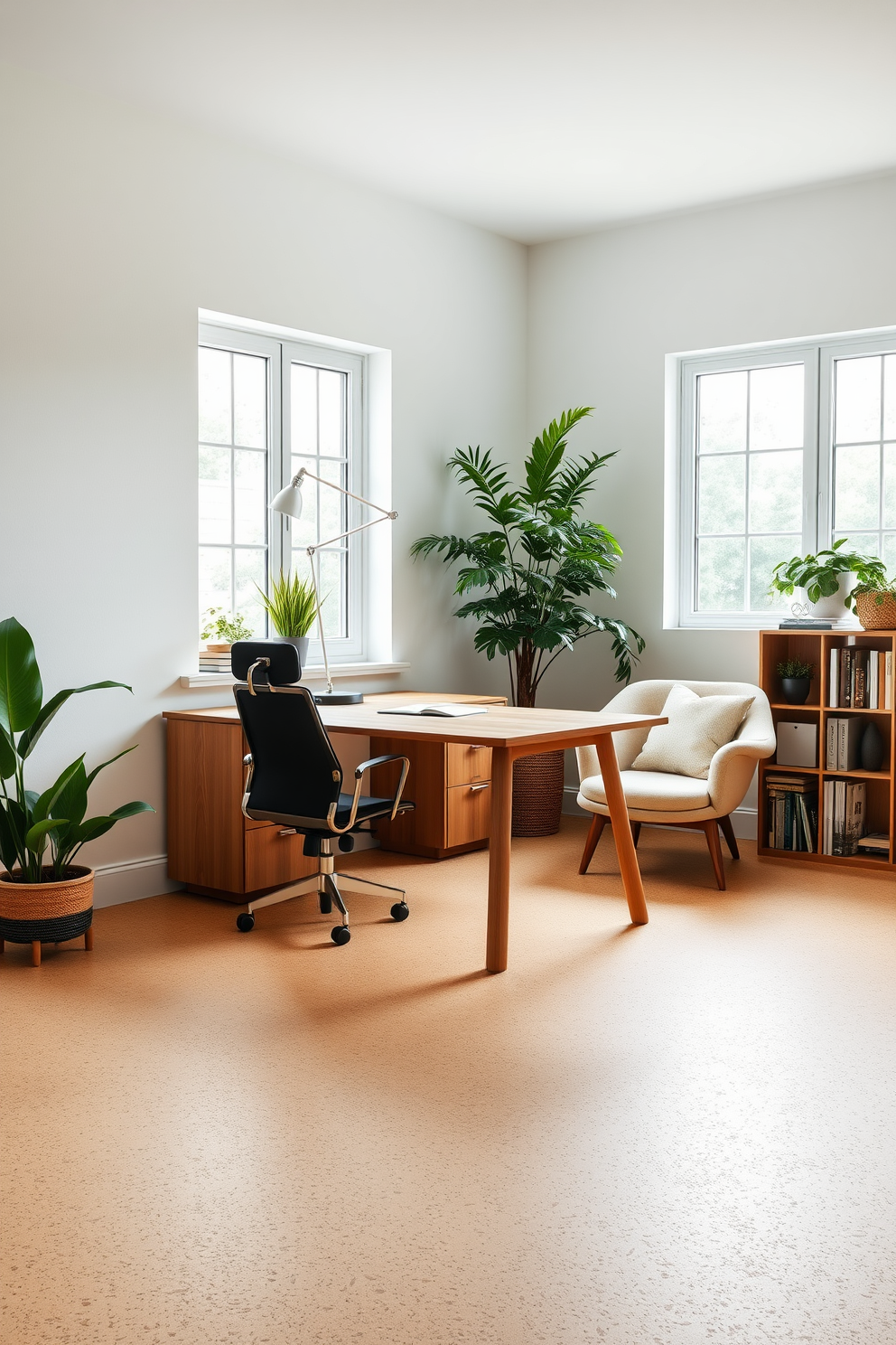 A serene green home office featuring sustainable cork flooring that adds warmth and eco-friendliness to the space. The walls are painted in a soft white hue, complemented by a large window that brings in natural light, enhancing the tranquil atmosphere. A sleek wooden desk sits against the wall, adorned with a minimalist desk lamp and a few potted plants for a touch of nature. A comfortable ergonomic chair provides support, while a cozy reading nook with a plush armchair and a small bookshelf invites relaxation and creativity.