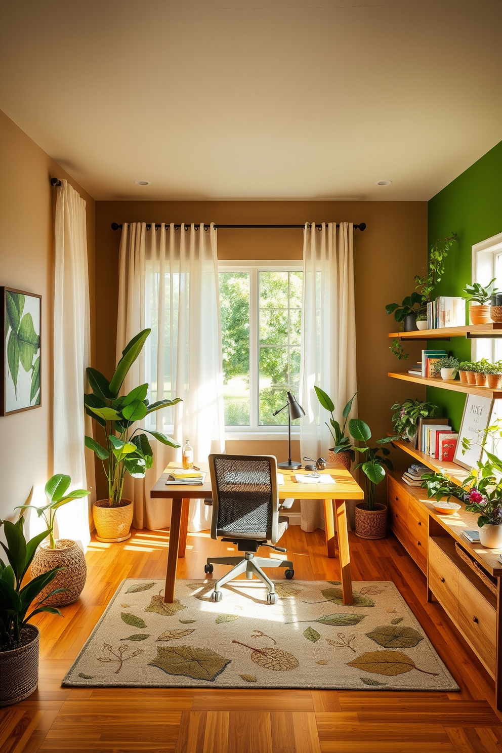 A serene home office designed with nature-inspired elements. The walls are painted in soft earth tones, complemented by a rich green accent wall that brings the outdoors inside. Natural light floods the space through large windows, adorned with sheer curtains that allow for privacy while maintaining brightness. A wooden desk made from reclaimed materials sits centrally, paired with a comfortable ergonomic chair in a neutral fabric. Lush indoor plants are strategically placed around the room, adding a refreshing touch and improving air quality. The floor features a warm, natural wood finish that enhances the organic feel of the space. Decorative accents include a nature-themed artwork and a cozy area rug with botanical patterns. Shelves made from natural wood display books and small potted plants, creating an inviting and inspiring workspace.