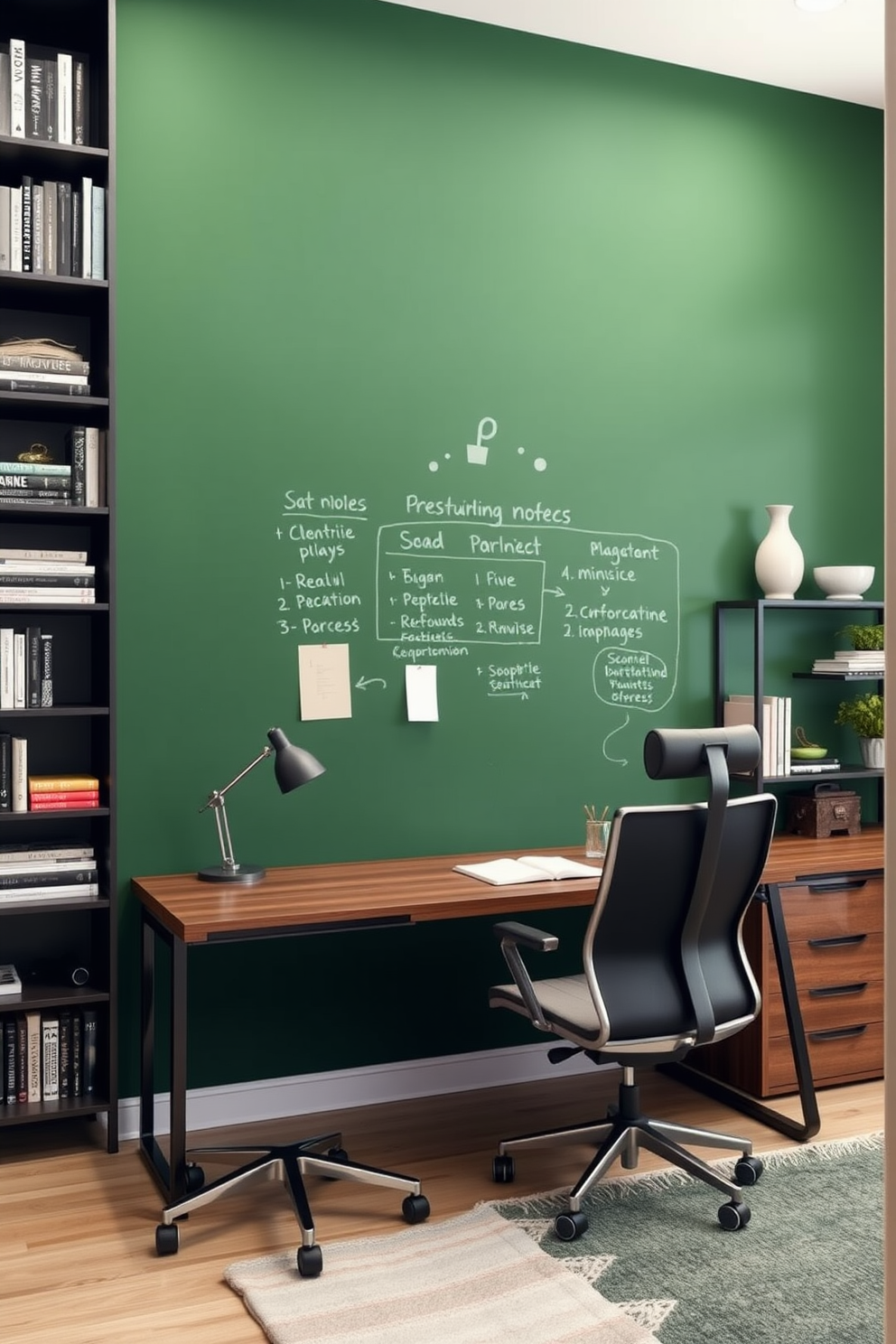 A modern home office featuring a green chalkboard wall that serves as a creative space for brainstorming and notes. The room is furnished with a sleek wooden desk and a comfortable ergonomic chair, complemented by stylish shelving units filled with books and decorative items.