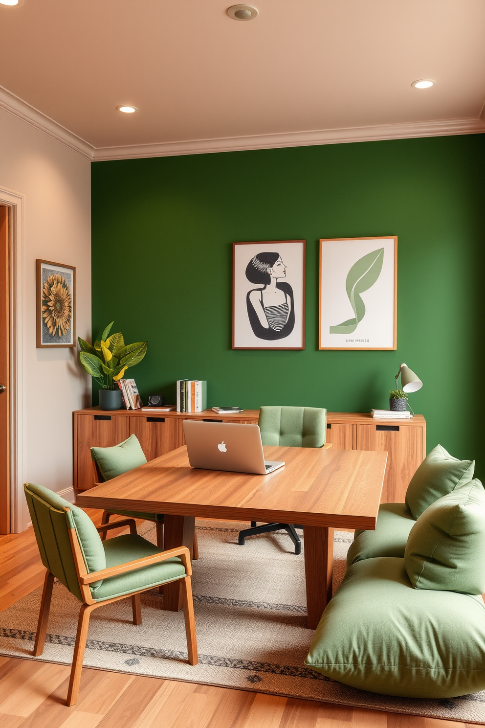 A serene home office space featuring earthy tones complemented by vibrant green accents. The walls are painted in a soft taupe, while a deep green accent wall adds a refreshing touch. A large wooden desk sits in the center, adorned with a sleek laptop and a potted plant. Comfortable, eco-friendly seating in muted green invites creativity and productivity.