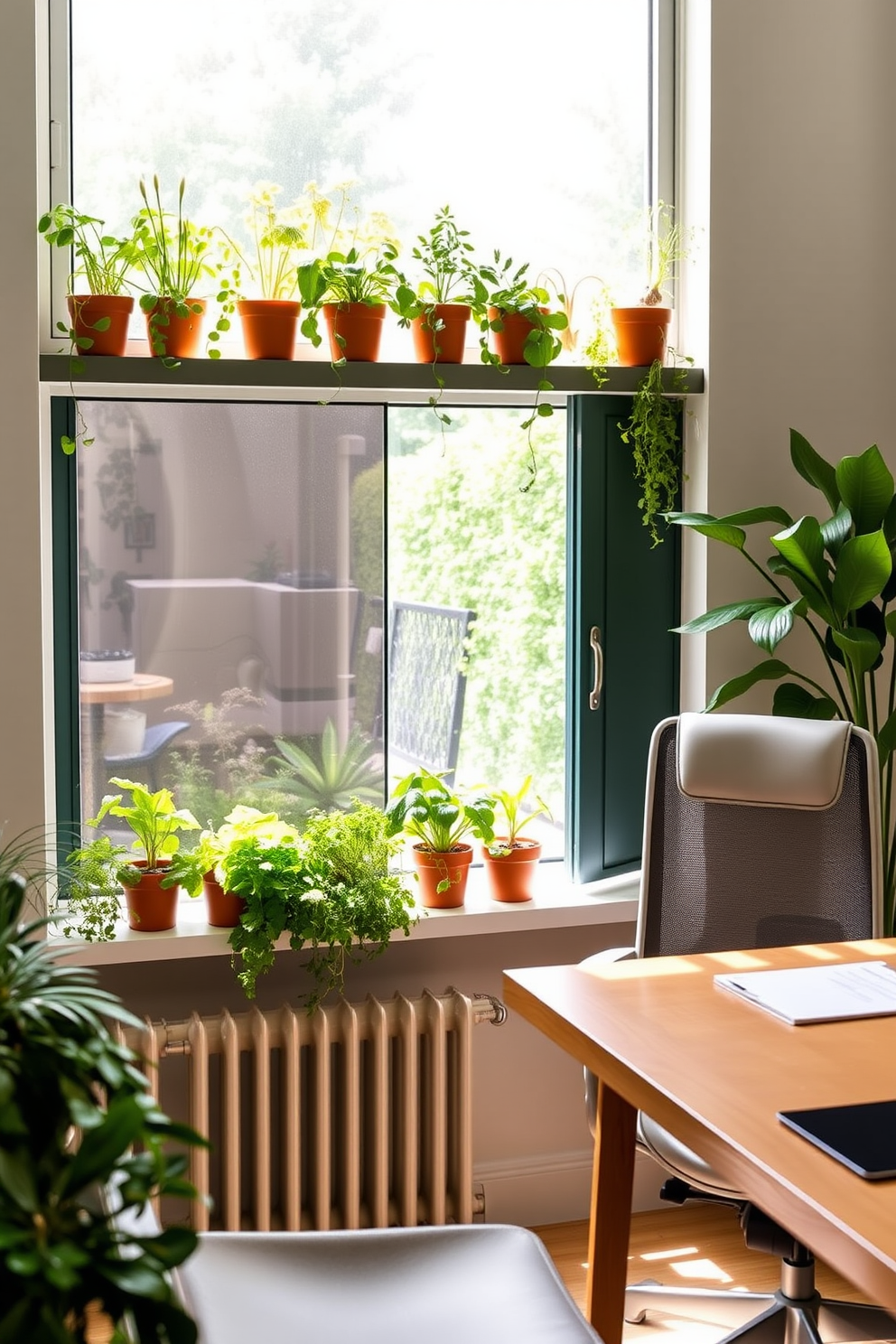 A serene indoor herb garden decorates the windowsill, filled with various herbs in stylish pots. The natural greenery adds a refreshing touch to the space, enhancing the overall ambiance. The home office features a sleek wooden desk paired with an ergonomic chair, surrounded by soft, natural lighting. Eco-friendly materials and a calming color palette create an inspiring and productive environment.