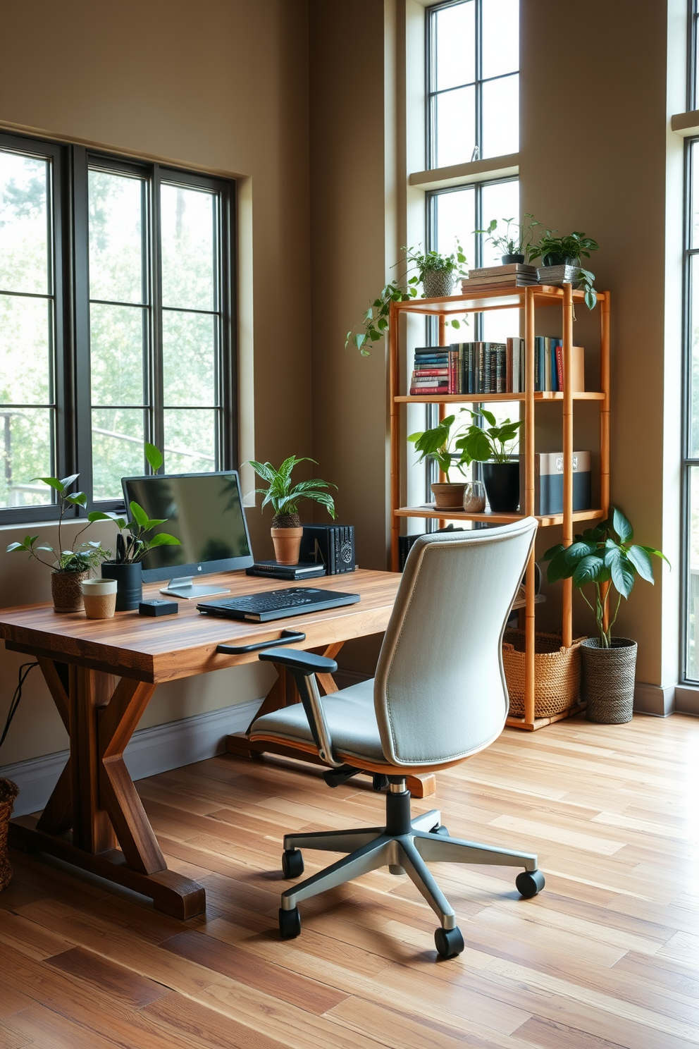 A green home office designed with sustainable materials features a reclaimed wood desk that exudes warmth and character. The ergonomic chair is upholstered in organic cotton, providing both comfort and eco-friendliness. Natural light floods the space through large windows, illuminating the bamboo shelving filled with plants and books. The walls are painted in a calming earth tone, enhancing the overall tranquil atmosphere of the office.