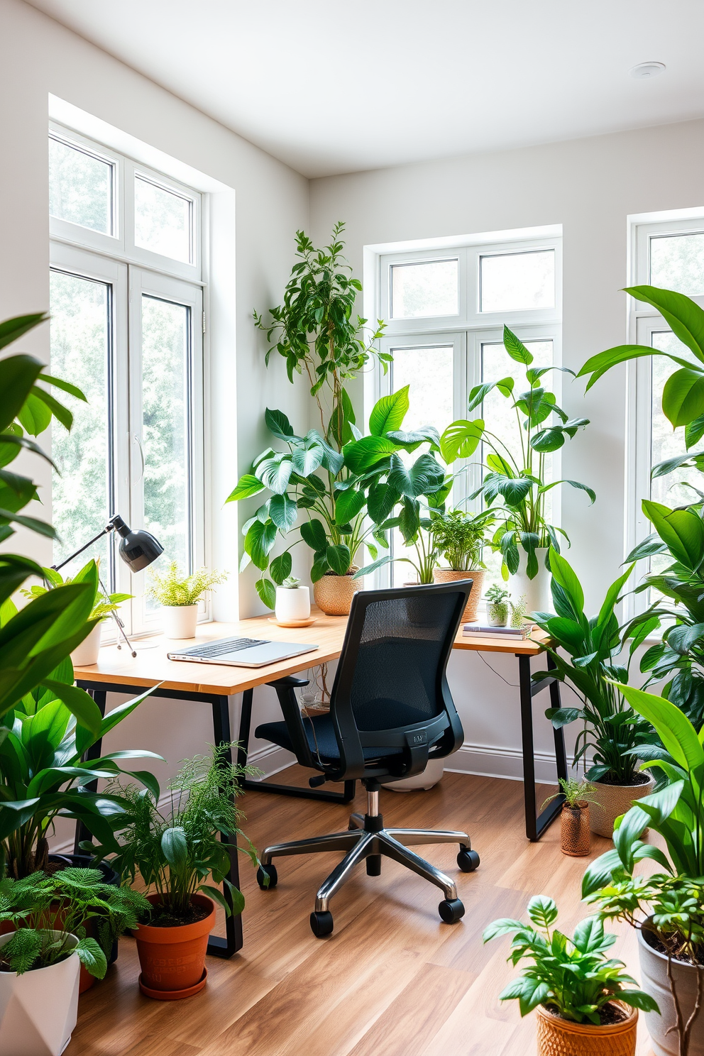 A serene home office setting filled with lush green plants that enhance air quality. The workspace features a sleek wooden desk paired with an ergonomic chair, surrounded by various potted plants that bring a refreshing touch to the environment. The walls are painted in a soft neutral tone, creating a calming backdrop for productivity. Natural light floods the room through large windows, illuminating the vibrant greenery and creating an inviting atmosphere.