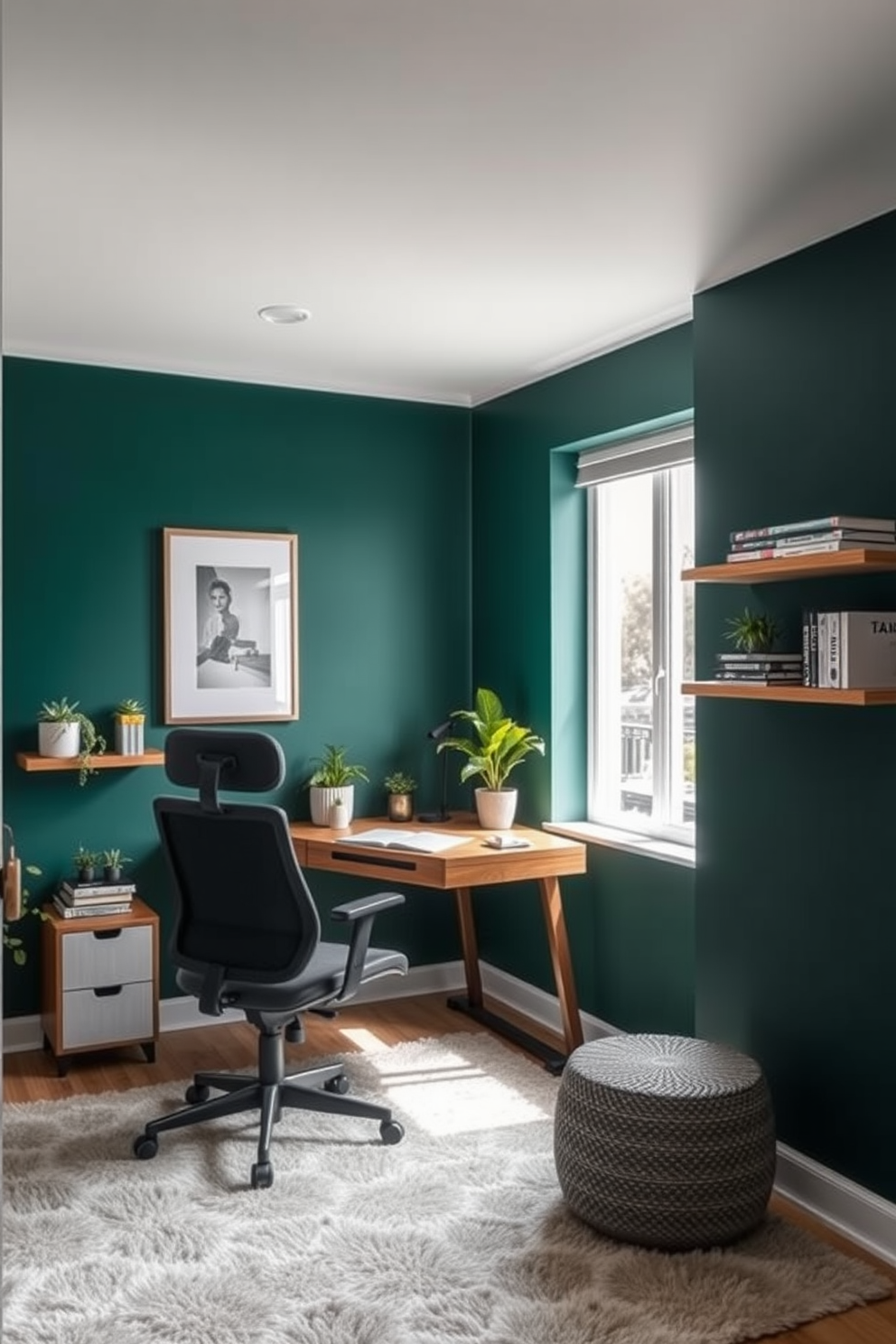 A stylish home office featuring an accent wall in deep forest green. The room includes a sleek wooden desk paired with a comfortable ergonomic chair, and a large window allowing natural light to flood the space. Decorative shelves are mounted on the walls, showcasing books and plants that add a touch of life. A plush area rug in neutral tones anchors the room, creating a warm and inviting atmosphere.