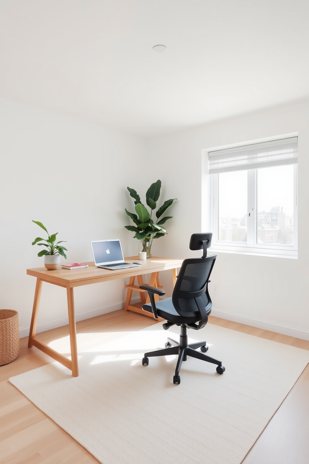 A serene home office featuring minimalist design elements. The walls are painted in soft white, and the furniture includes a sleek wooden desk with a green plant placed on one corner. A comfortable ergonomic chair complements the desk, while a large window allows natural light to flood the space. The floor is adorned with a light-colored rug, enhancing the calming atmosphere of the room.