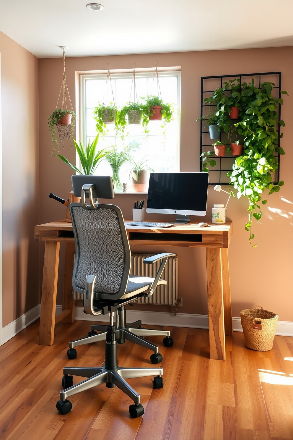 A serene home office space featuring a desk made from reclaimed wood paired with an ergonomic chair crafted from recycled materials. The walls are adorned with eco-friendly paint in soft earth tones, and a large window allows natural light to flood the room, enhancing the overall ambiance. Incorporate plants into the design, with hanging planters made from upcycled materials and a vertical garden on one wall. The flooring consists of sustainable bamboo, providing a warm and inviting foundation for a productive workspace.