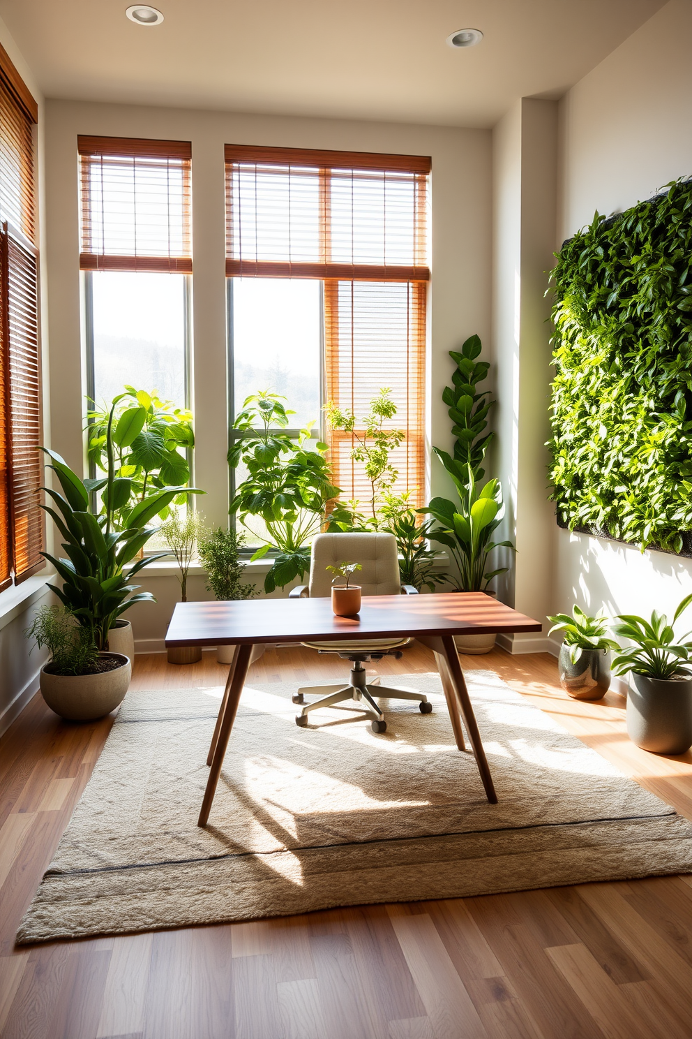 A serene home office space that integrates biophilic design principles. The walls are adorned with living plant panels, and natural light floods the room through large windows framed with wooden blinds. A sleek wooden desk sits in the center, surrounded by lush greenery in stylish planters. The color palette features earthy tones, complemented by a soft rug that mimics natural textures.