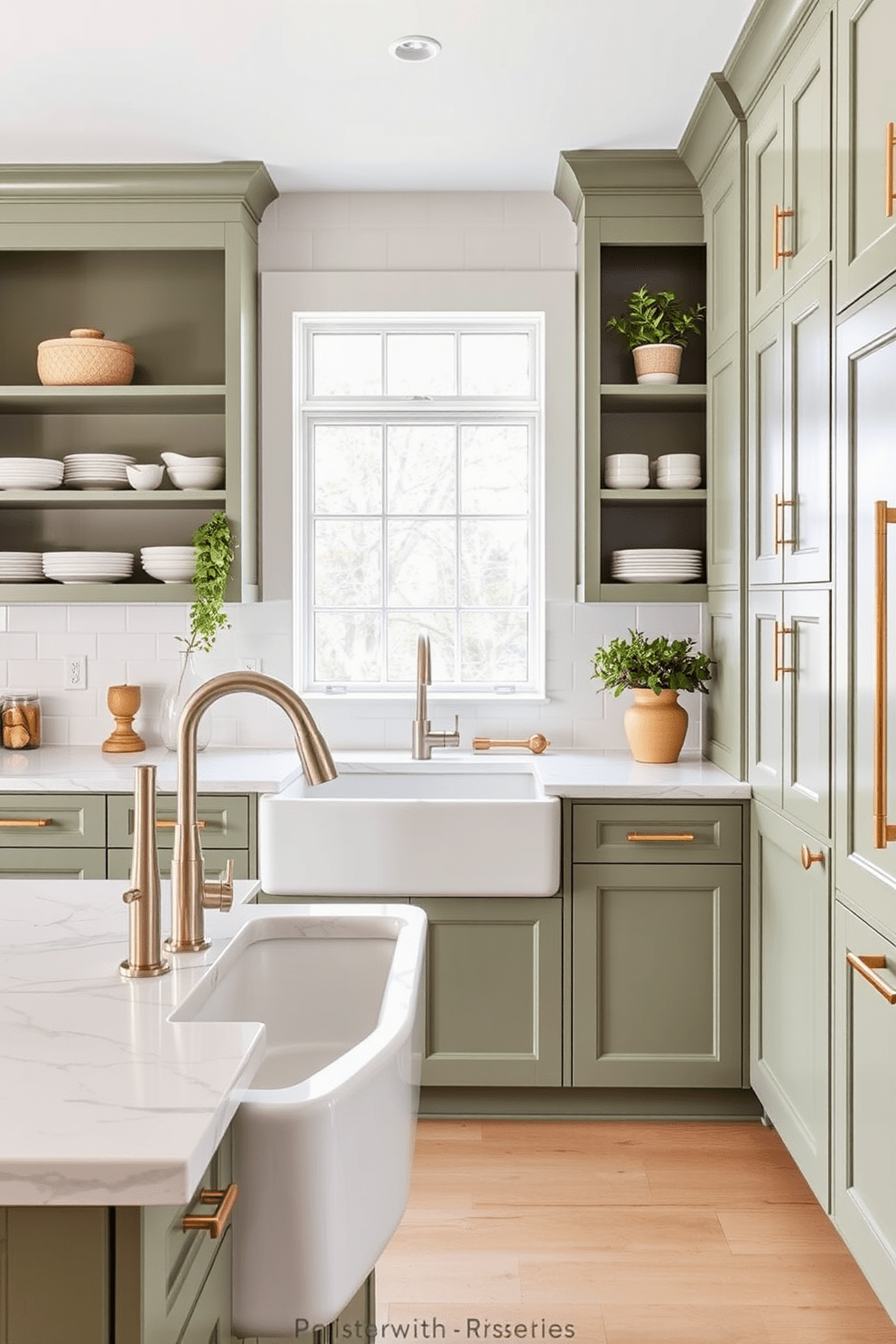 Sage green cabinets with gold hardware create a fresh and elegant atmosphere in the kitchen. The countertops are a crisp white marble, complementing the rich tones of the cabinetry and adding a touch of luxury. A large farmhouse sink sits beneath a window, allowing natural light to illuminate the space. Open shelving displays curated dishware and plants, enhancing the inviting feel of this modern kitchen design.