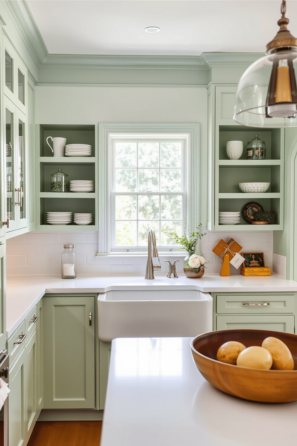 Light green cabinetry with open shelving creates a fresh and inviting atmosphere in the kitchen. The open shelves display stylish dishware and decorative items, enhancing the overall aesthetic. The countertops are a crisp white, complementing the light green cabinetry beautifully. A large farmhouse sink sits beneath a window, allowing natural light to flood the space.